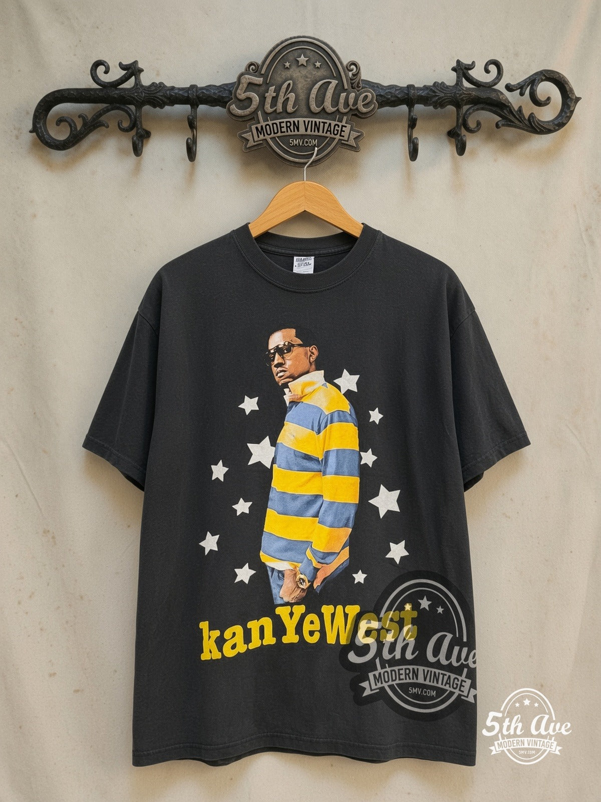 Kanye West – School Spirit Tour 2004 – Vintage Band T-Shirt — front on locked cream ornate 5th Ave rack