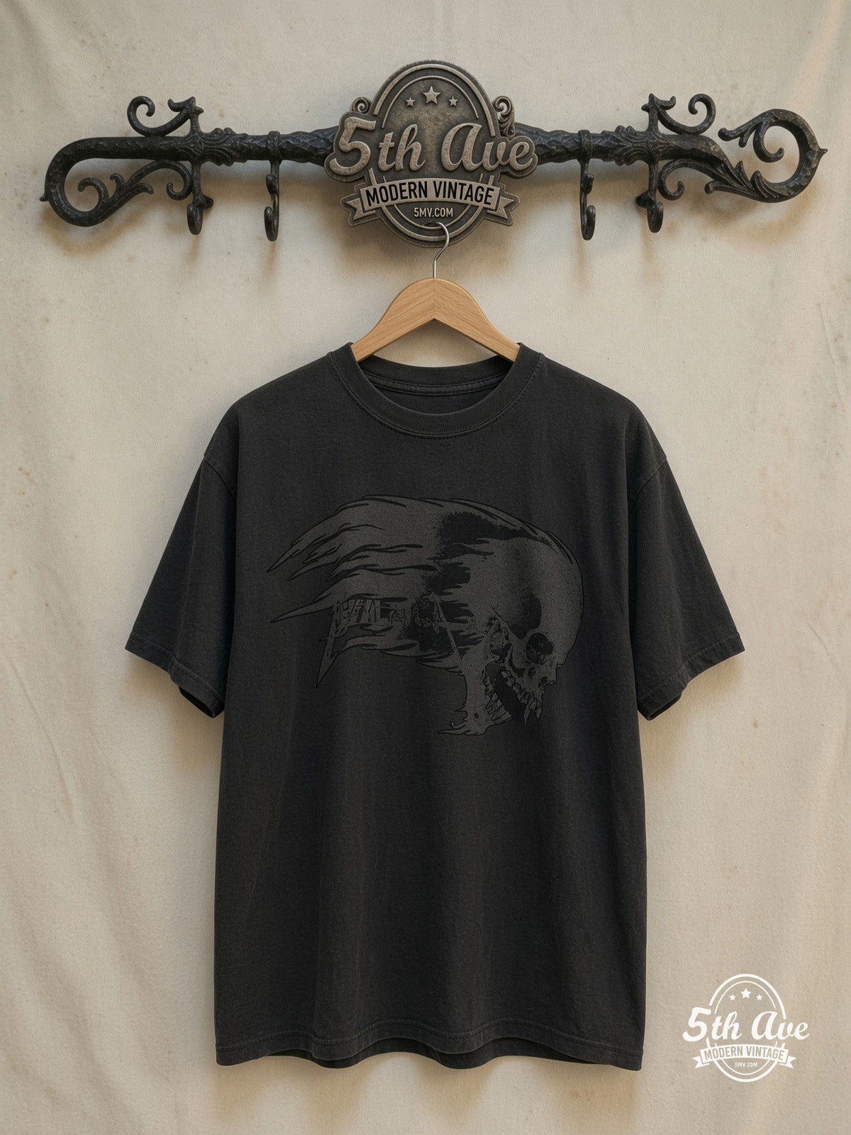 Metallica – Inferno Flaming Skull – Vintage Band T-Shirt — front on locked cream ornate 5th Ave rack