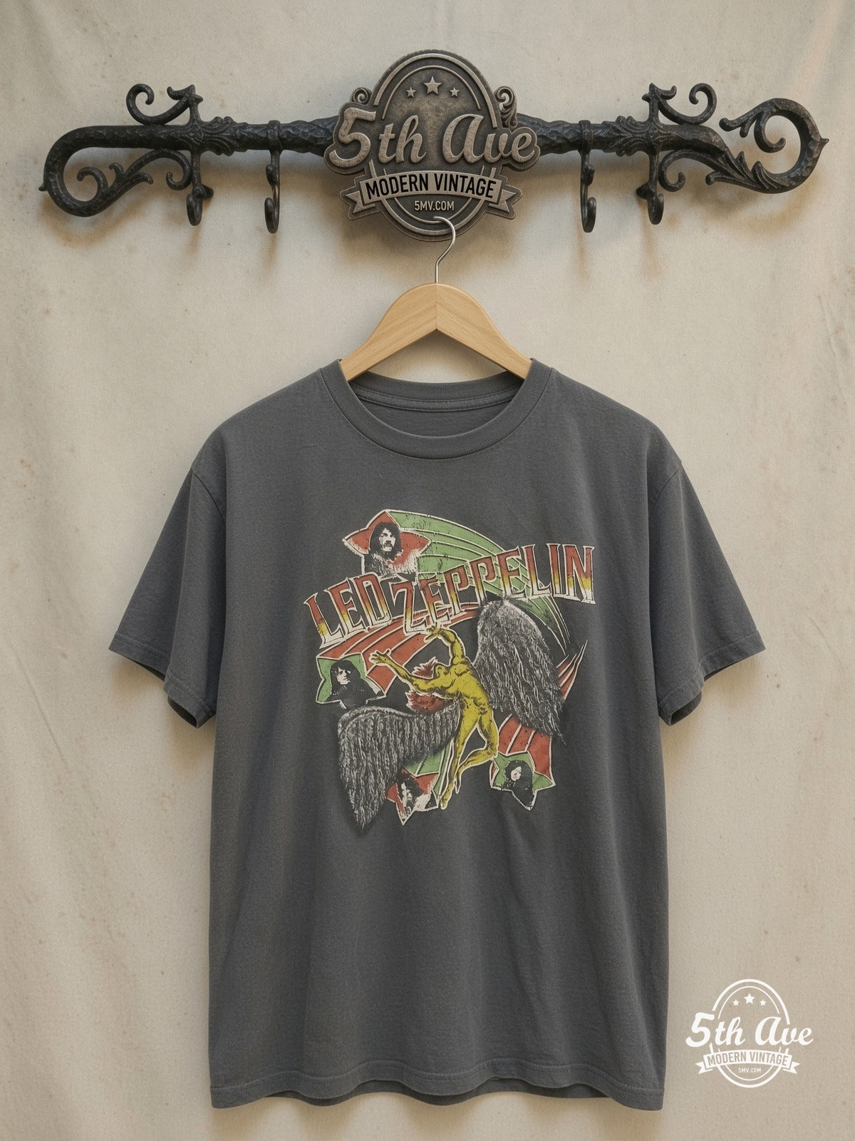 Led Zeppelin – Retro Portrait – Vintage Band T-Shirt — front on locked cream ornate 5th Ave rack