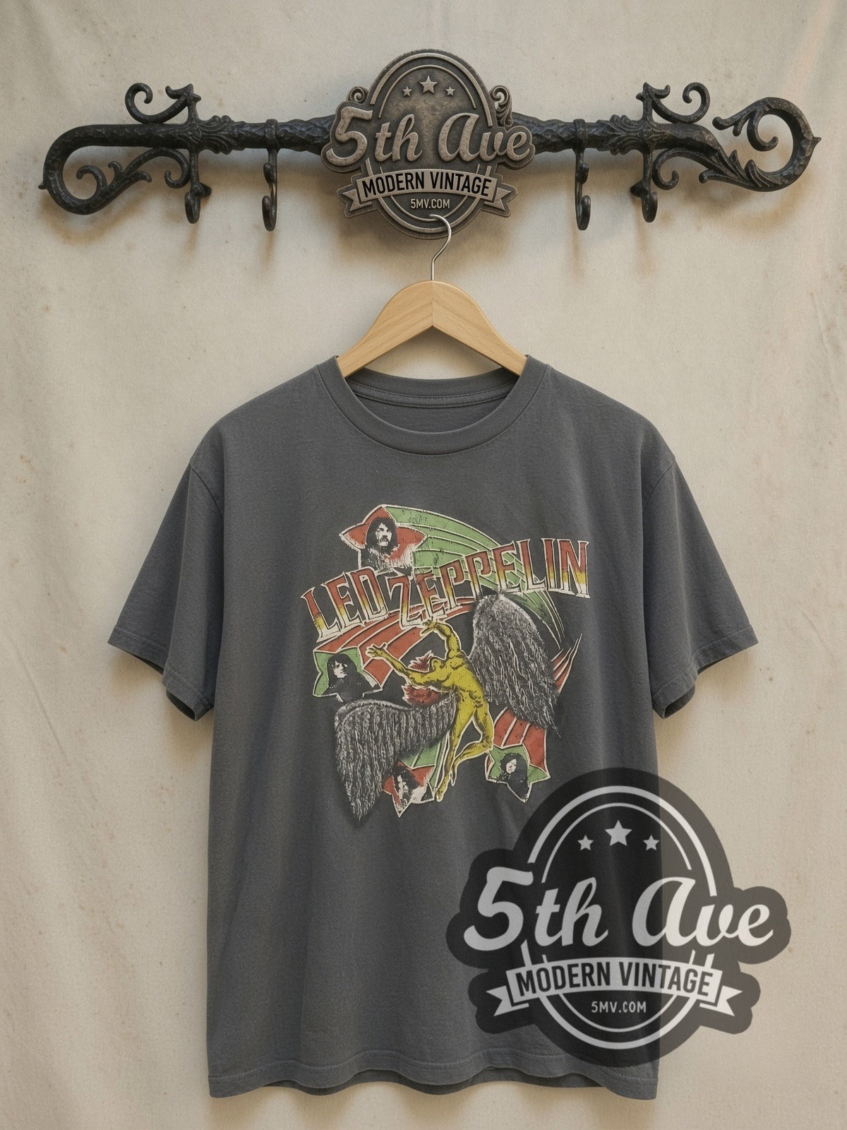 Led Zeppelin Retro Portrait vintage band t-shirt, front view on a display rack