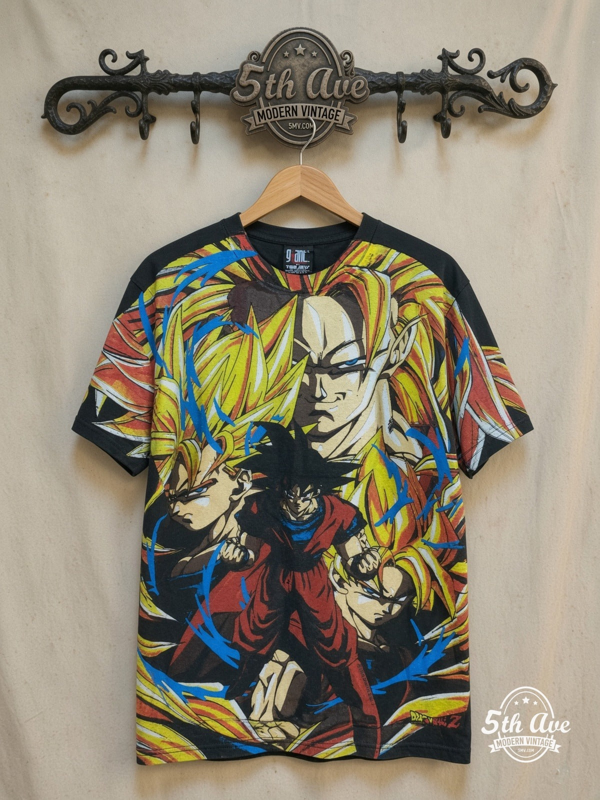 Dragon Ball Z – Goku Super Saiyan – All Over Print – New Vintage Anime Tee — front on locked cream ornate 5th Ave rack