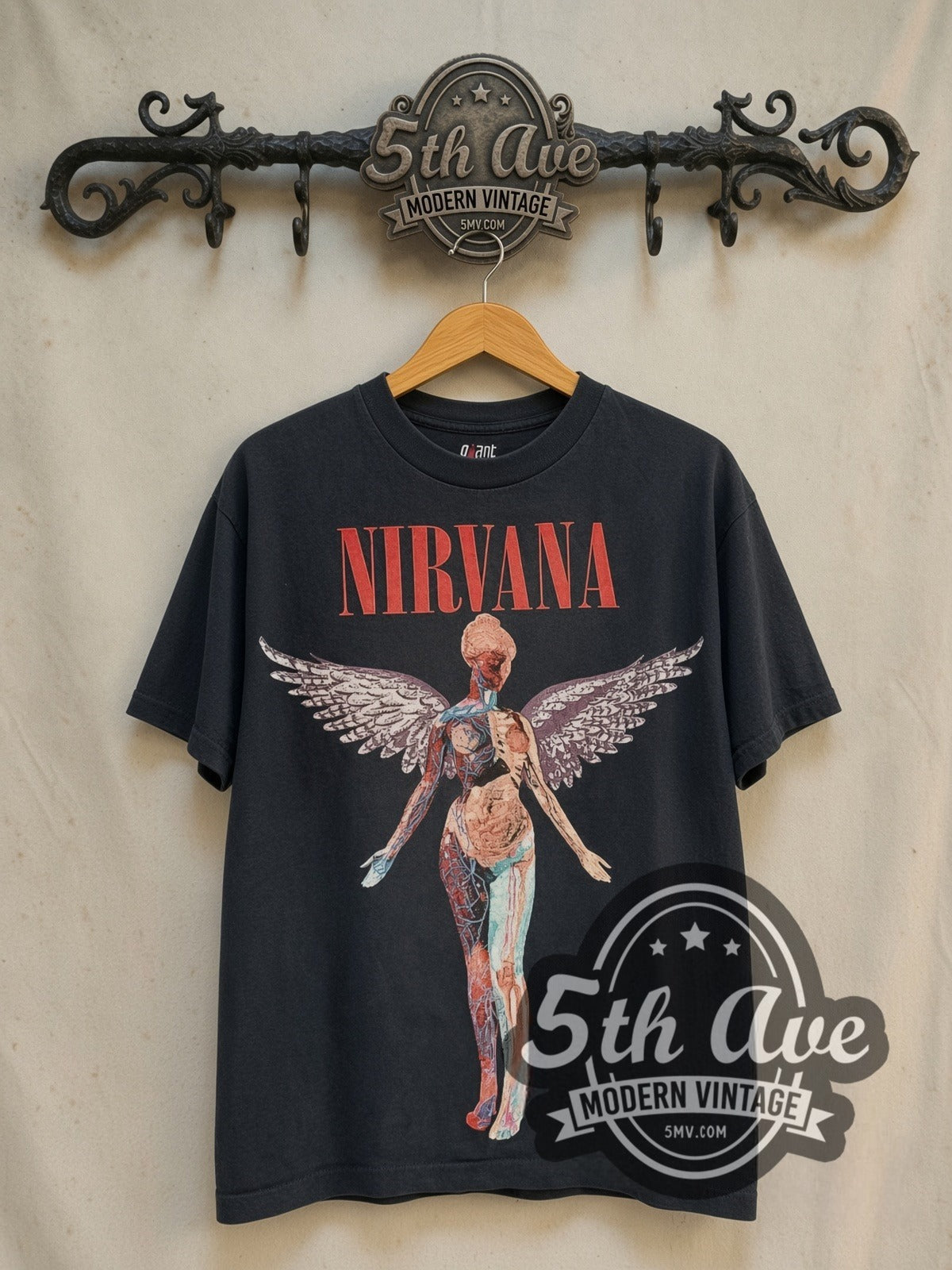 Nirvana In Utero Red Block Logo Color Anatomical Angel vintage band t-shirt in black, front view on the 5MV rack