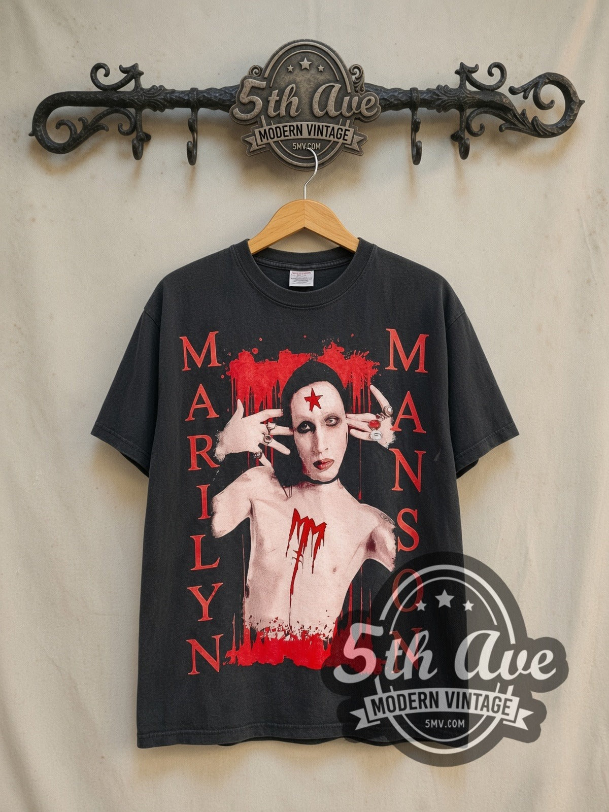 Marilyn Manson All Album List vintage band t-shirt in black, front view on the 5MV rack
