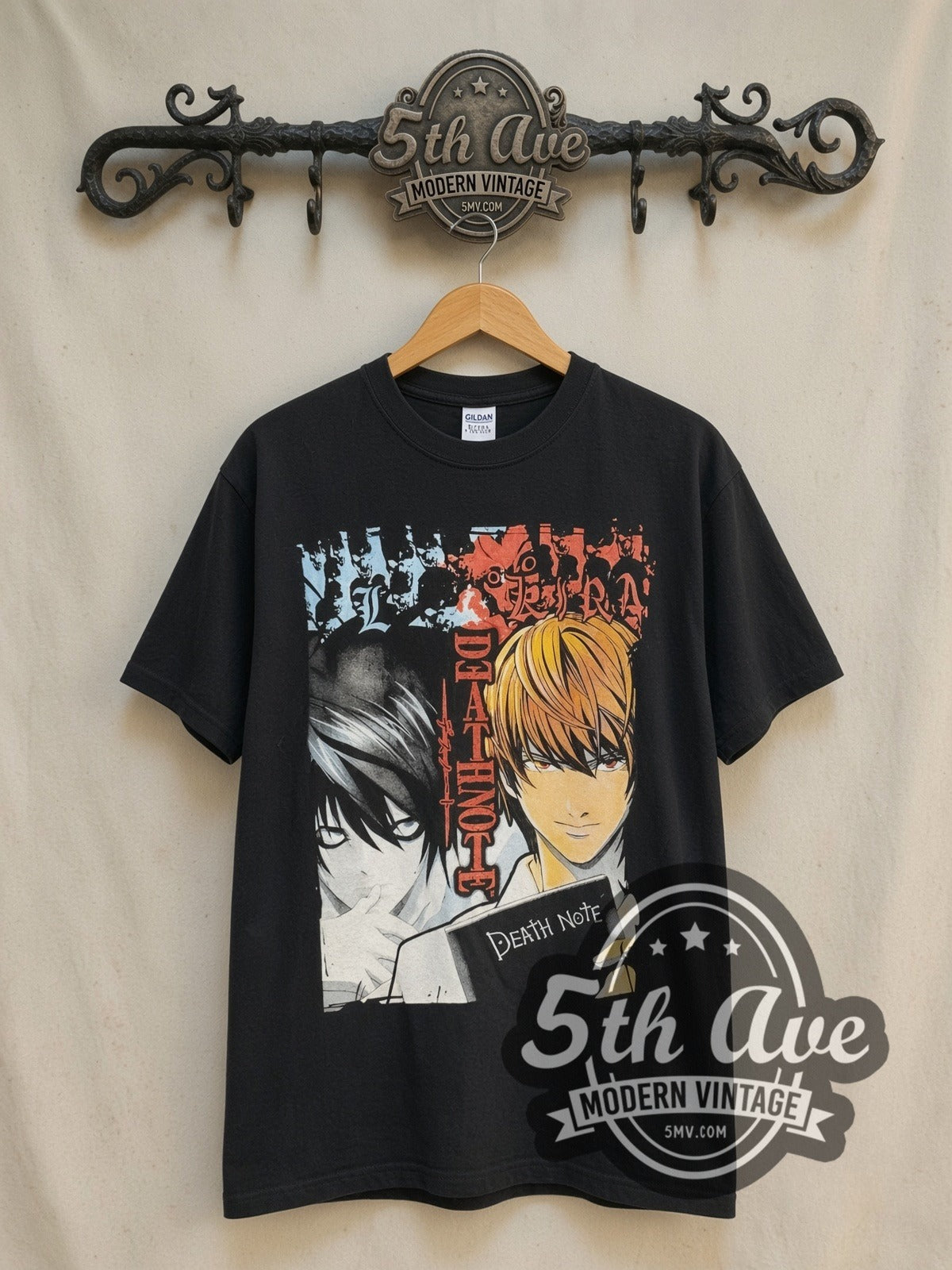 Death Note Kira vs L vintage anime t-shirt, front view on a display rack