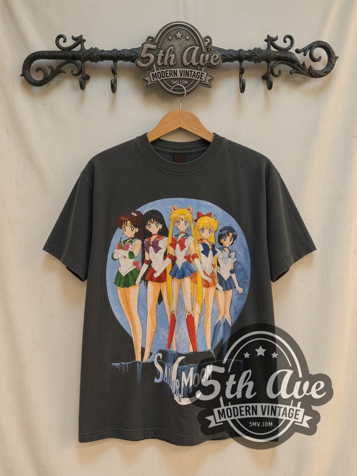 Sailor Moon Five Guardians on the Moon vintage anime t-shirt, front view on a display rack