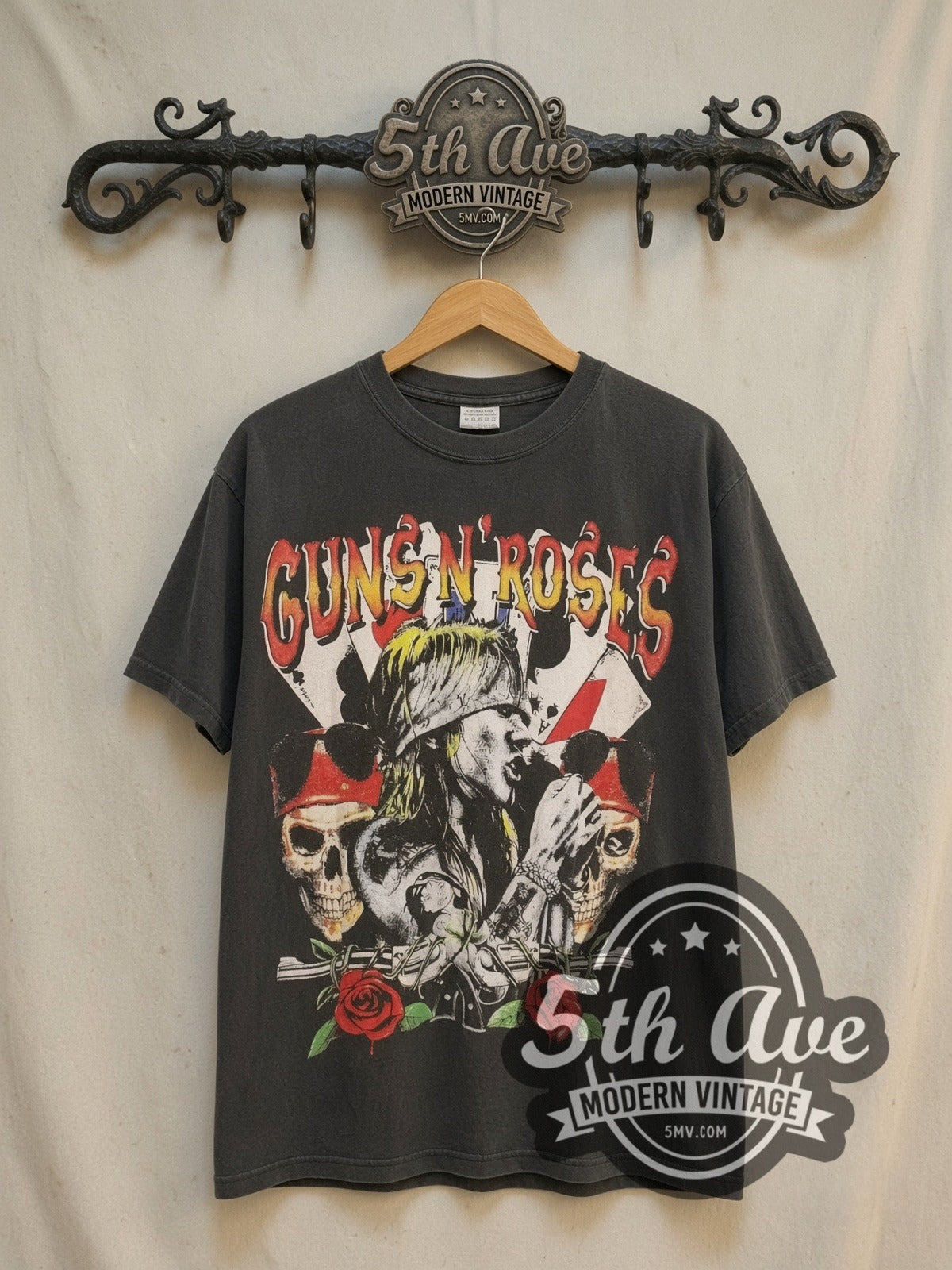 Guns N' Roses Skull Crossed Pistols vintage band t-shirt, front view on the 5MV rack