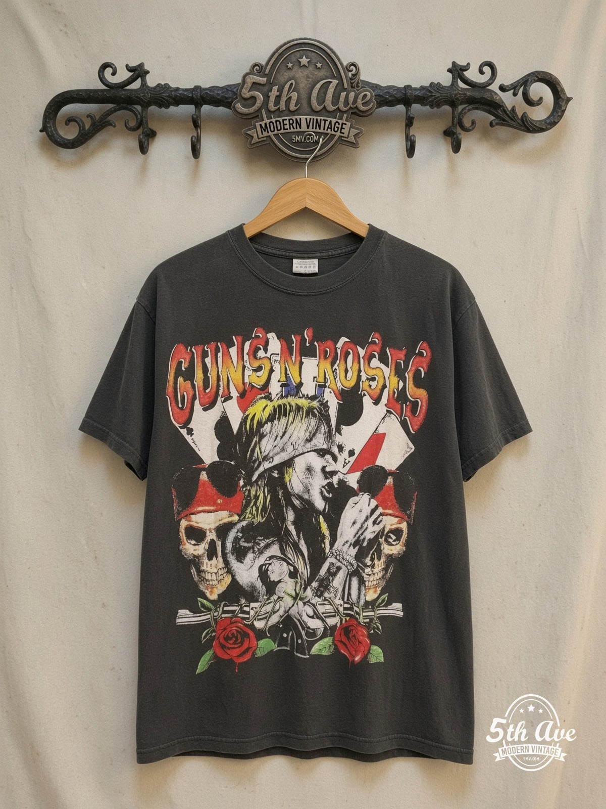 Guns N' Roses Single Stitch Bootleg t shirt. — front on locked cream ornate 5th Ave rack