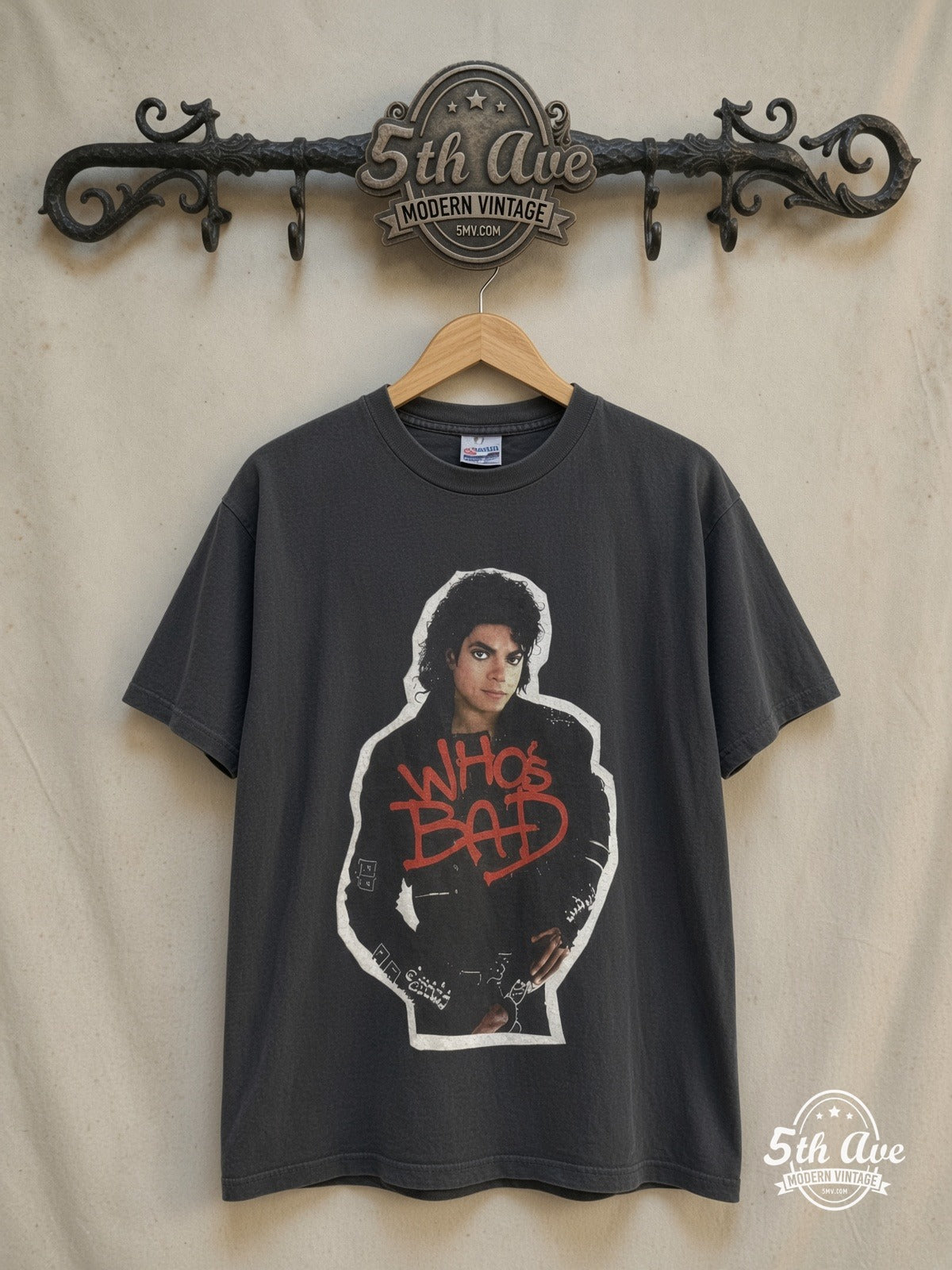 Michael Jackson Bad Tour T-Shirt — front on locked cream ornate 5th Ave rack