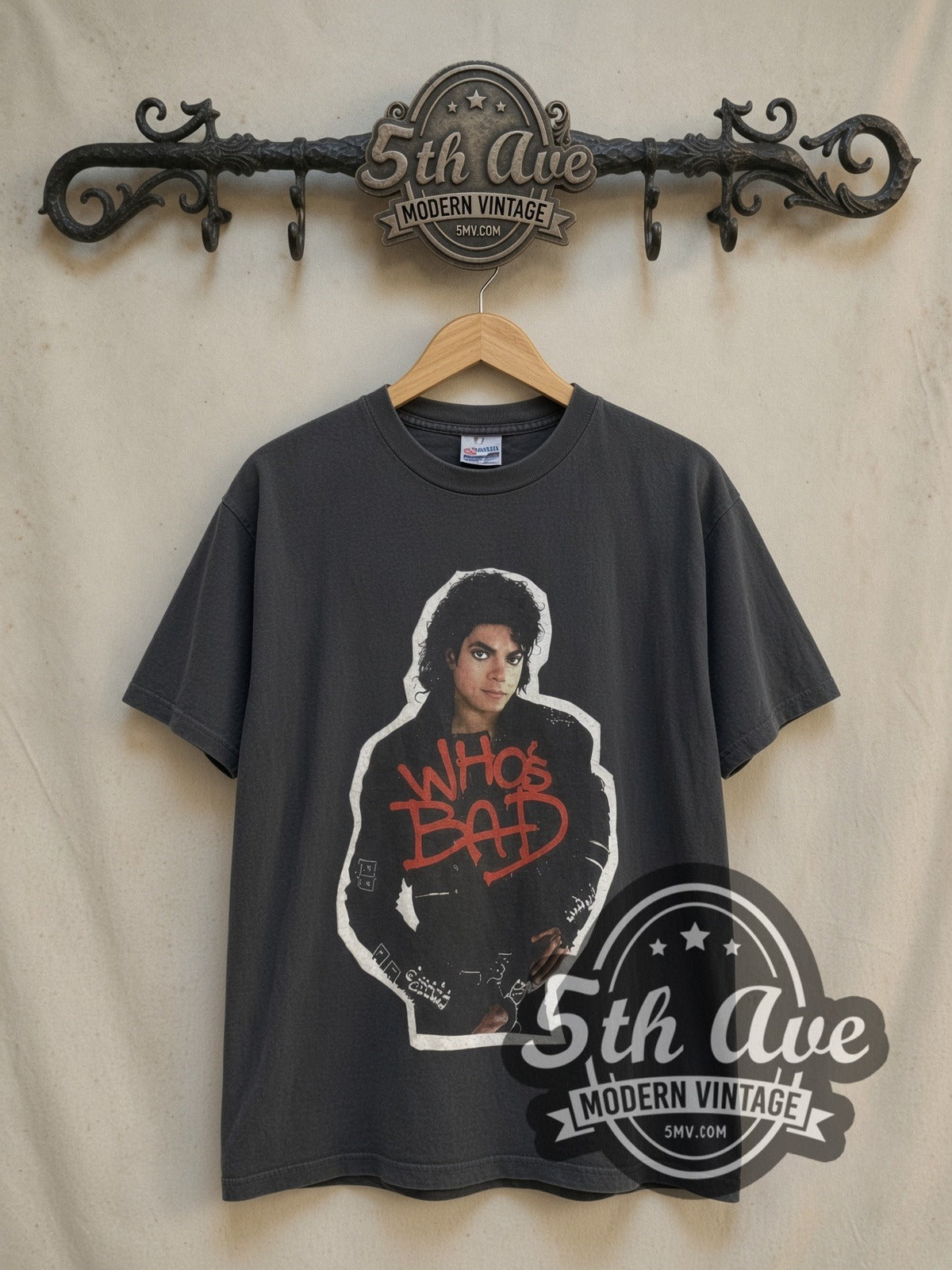 Michael Jackson Bad Tour vintage band t-shirt, front view on a display rack