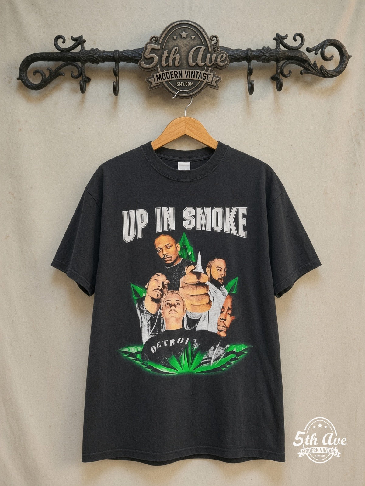 Dr. Dre, Snoop Dogg, Ice Cube & Eminem – Up in Smoke Tour 2000 – Vintage Band T-Shirt — front on locked cream ornate 5th Ave rack