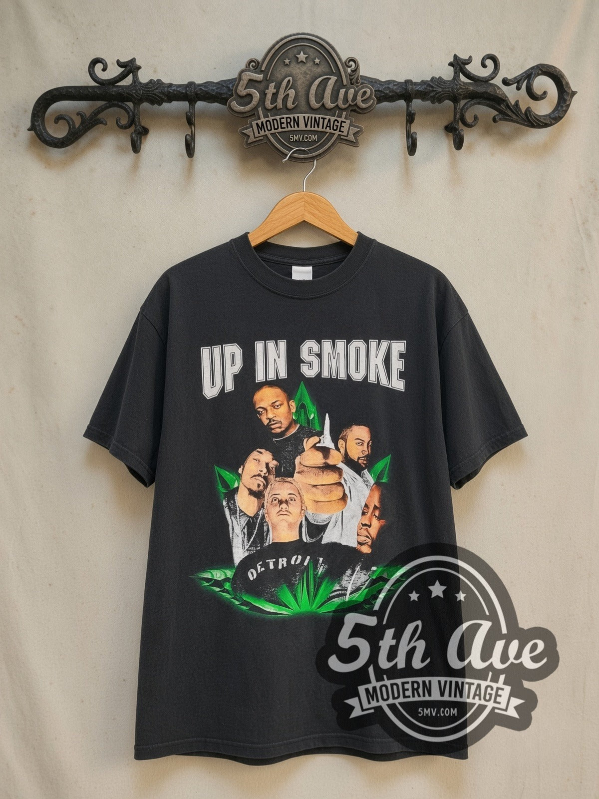 Dr. Dre, Snoop Dogg, Ice Cube & Eminem Up in Smoke Tour 2000 vintage band t-shirt in black, front view on a display rack