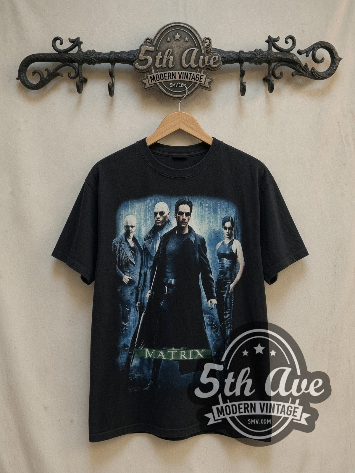 The Matrix vintage movie t-shirt, front view on a display rack