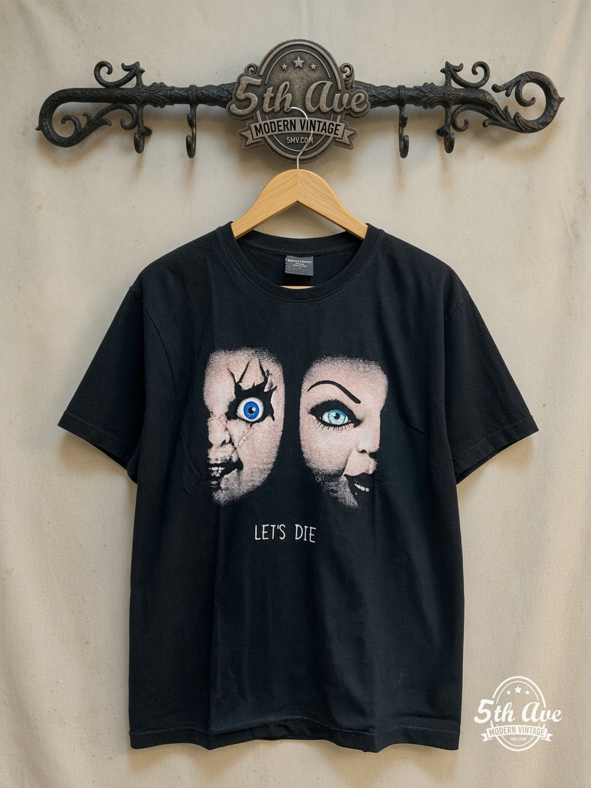 Child's Play Chucky Playtime Duo movie tee, front view on a display rack