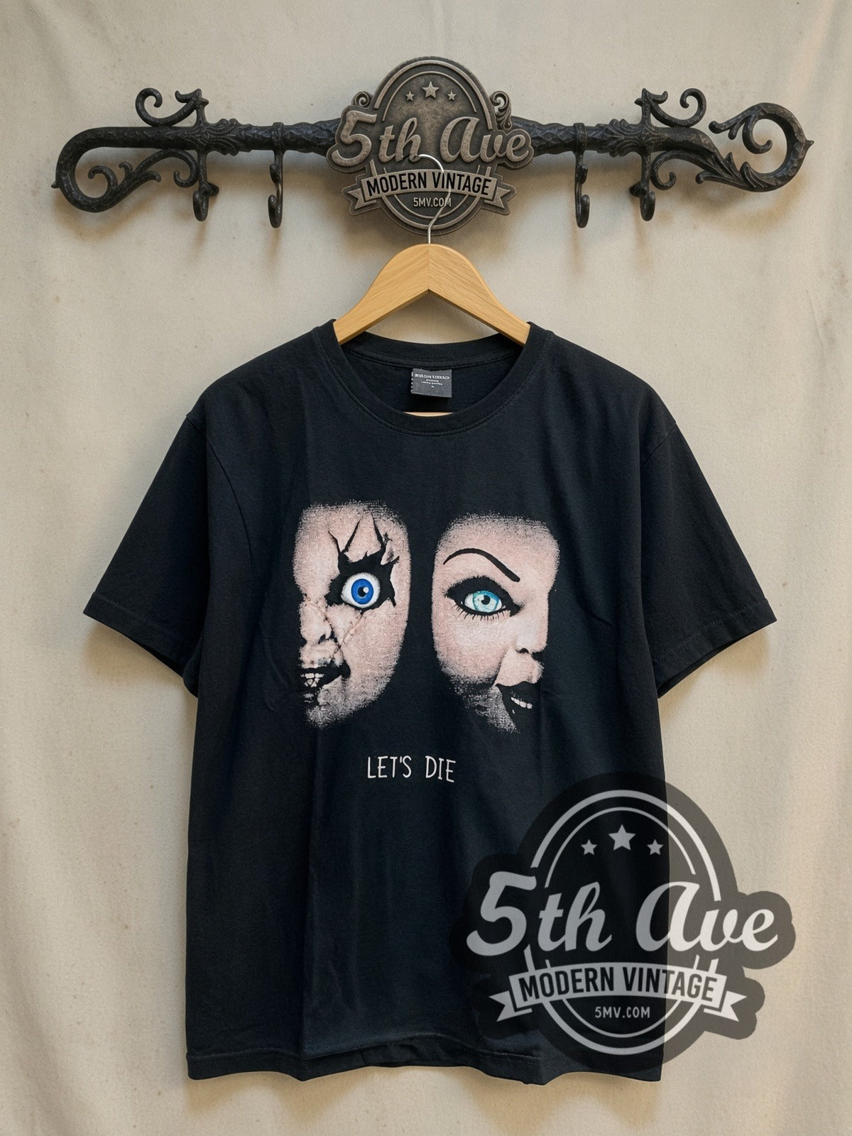 Child's Play Chucky Playtime Duo vintage graphic t-shirt, front view on a display rack