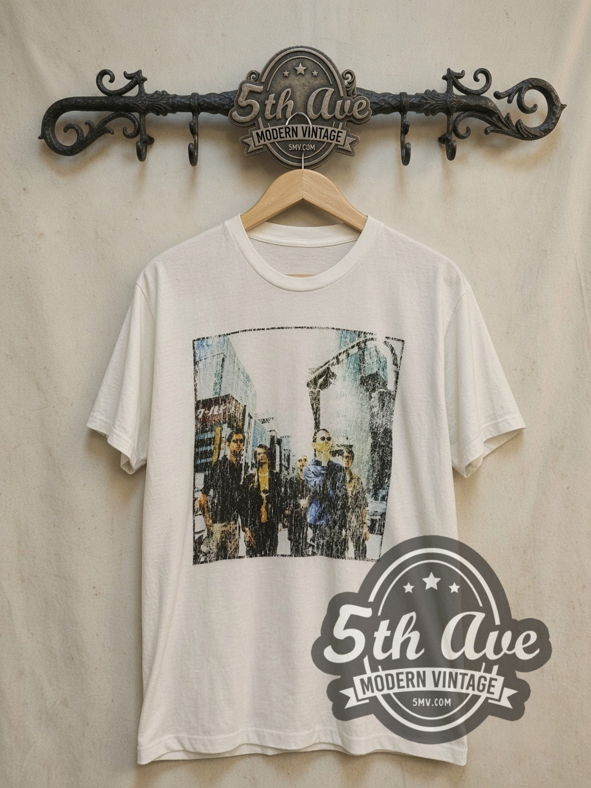 Radiohead Tokyo Street Walking Photo vintage band t-shirt in white, front view on the 5MV rack