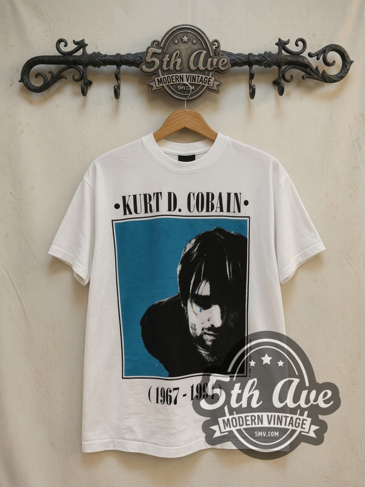 Kurt Cobain Grunge Tribute vintage band t-shirt, front view on the 5MV rack