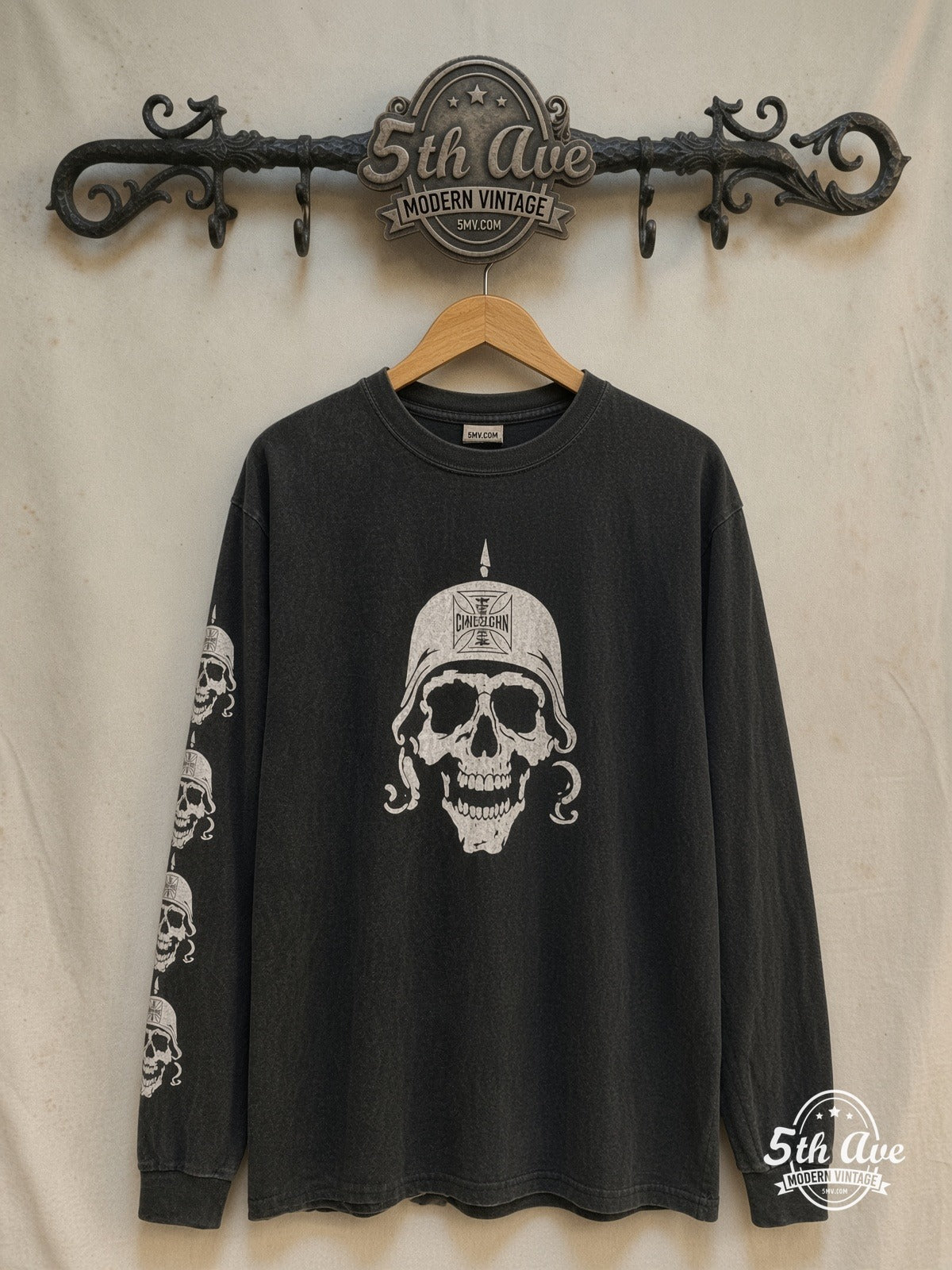 West Coast Choppers – Skull Helmet / Maltese Cross Long Sleeve – Vintage Graphic Tee — front on locked cream ornate 5th Ave rack