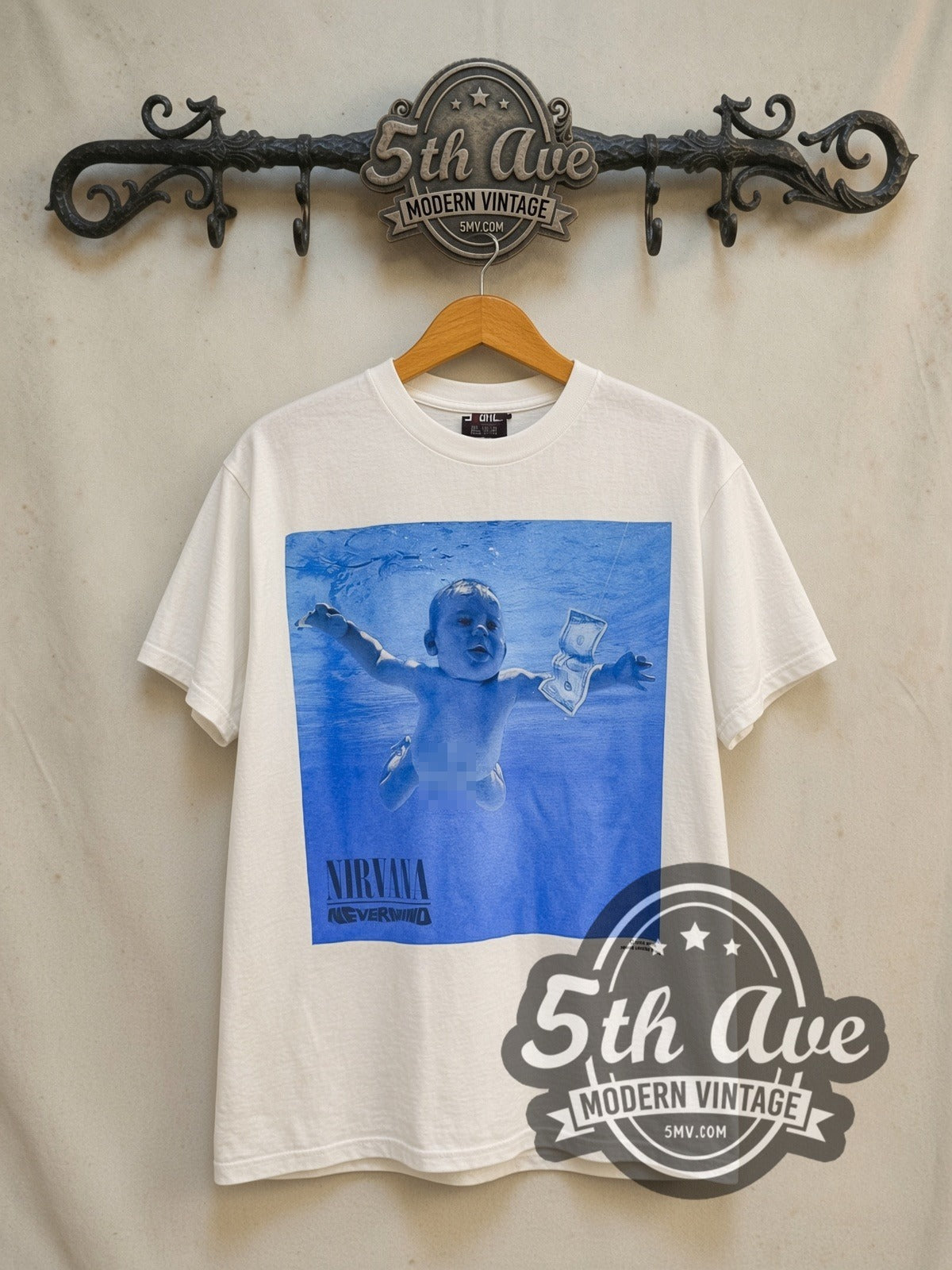 Nirvana Nevermind Song List vintage band t-shirt in white, front view on the 5MV rack