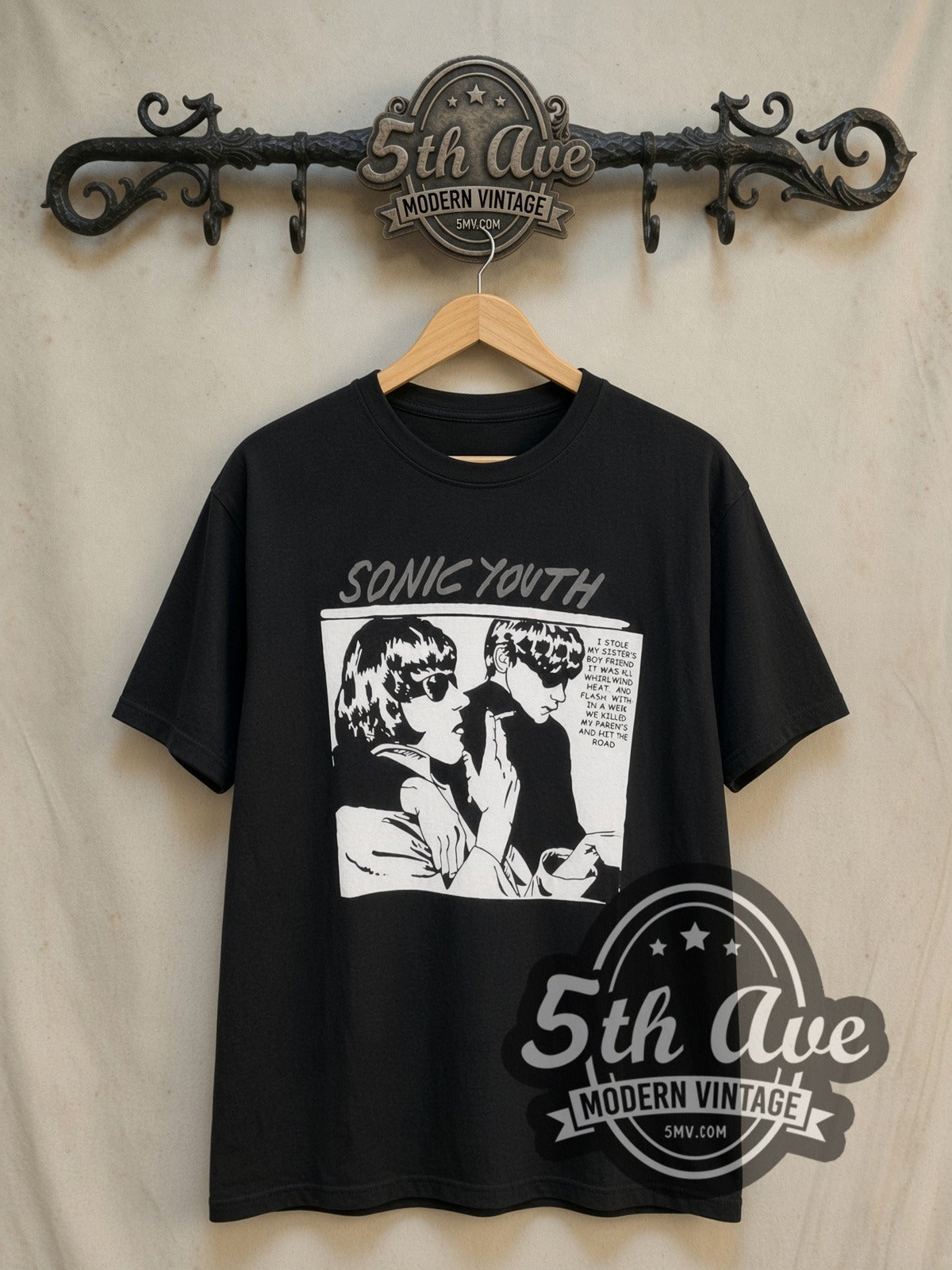 Sonic Youth Goo Album Cover Black vintage band t-shirt in black, front view on the 5MV rack