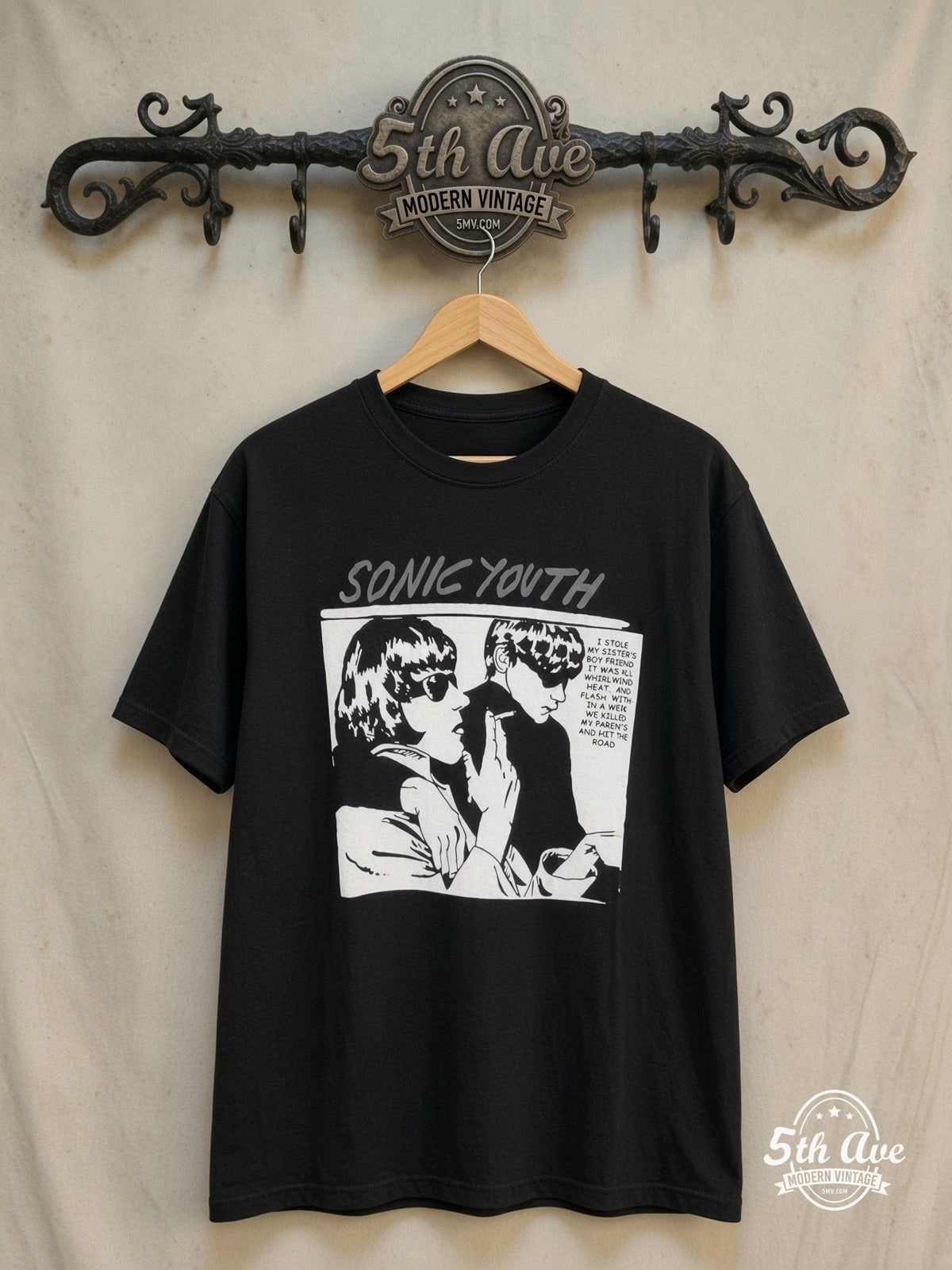 Sonic Youth – Goo Album Cover Black Tee – Vintage Band T-Shirt — front on locked cream ornate 5th Ave rack