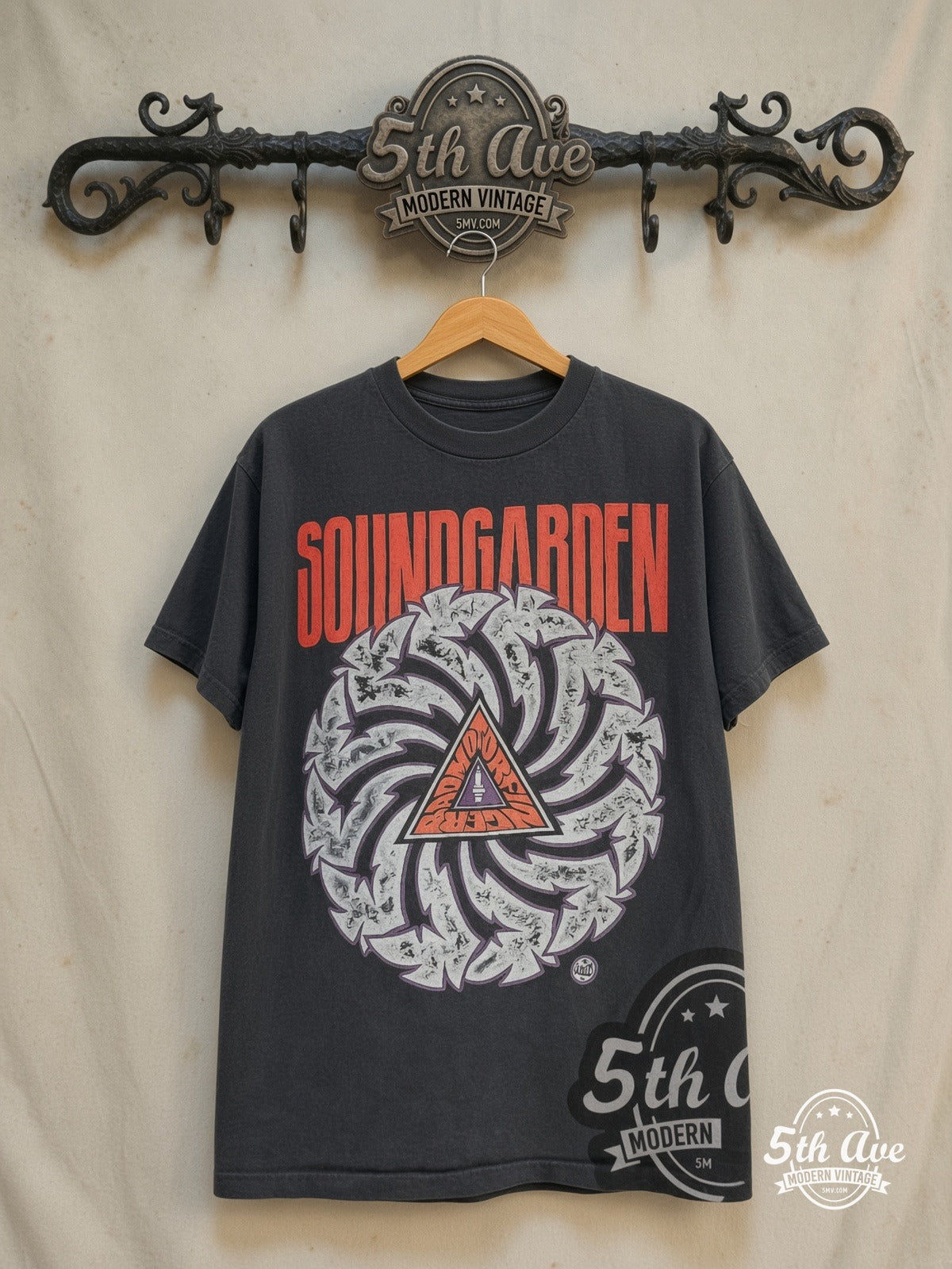 Soundgarden – Badmotorfinger Tour – Vintage Band T-Shirt — front on locked cream ornate 5th Ave rack