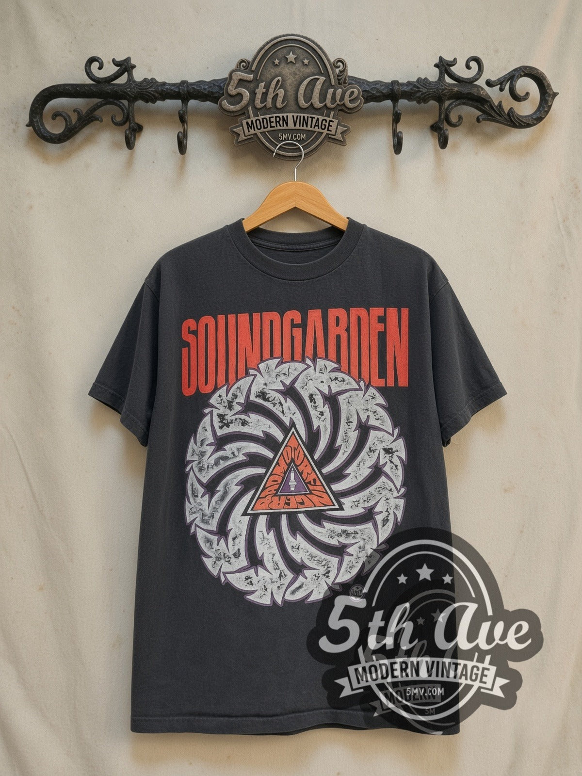 Soundgarden Badmotorfinger Tour vintage band t-shirt in black, front view on the 5MV rack