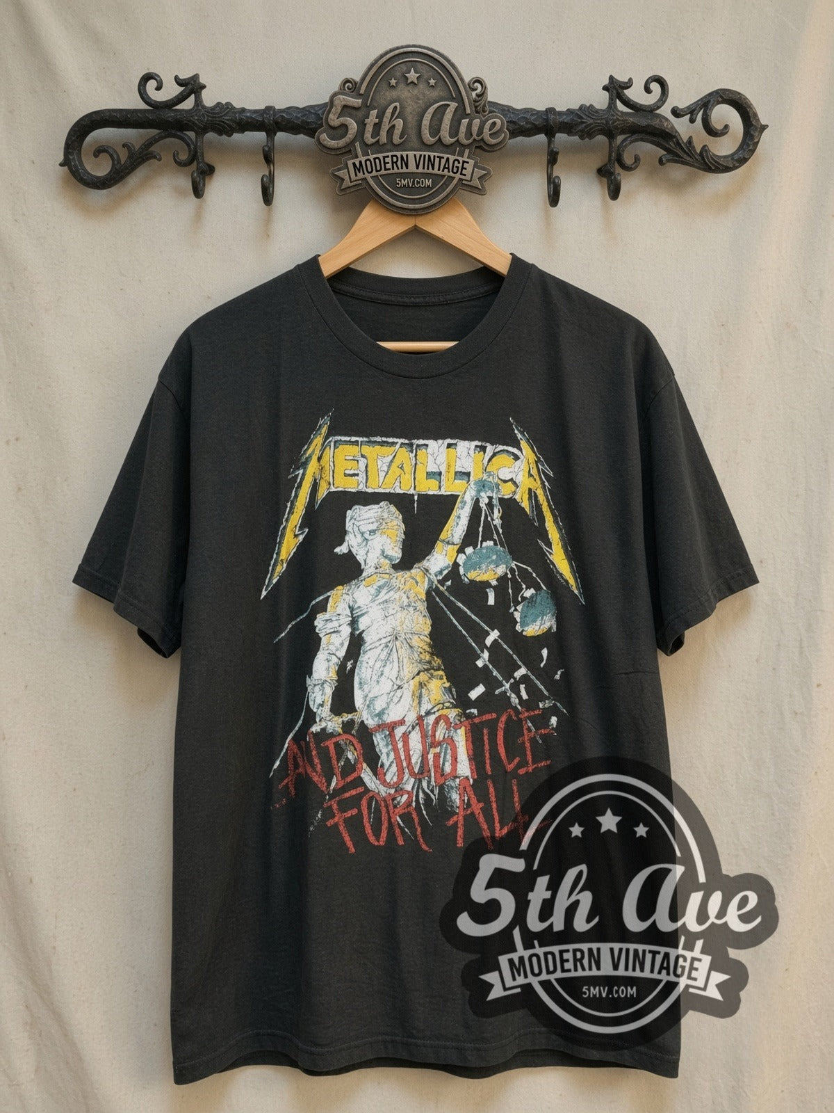 Metallica ...And Justice for All World Tour 1989 vintage band t-shirt, front view on a display rack