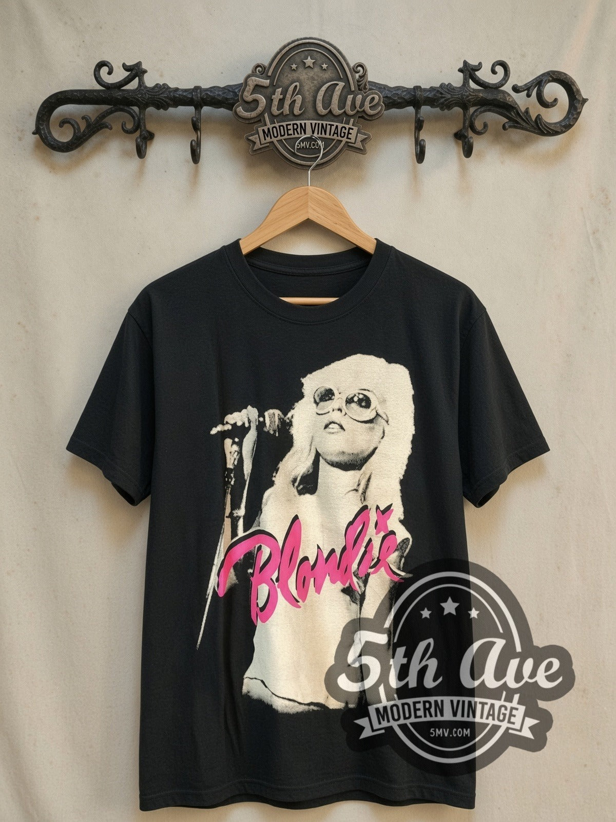 Blondie Debbie Harry Microphone Portrait vintage band t-shirt, front view on a display rack