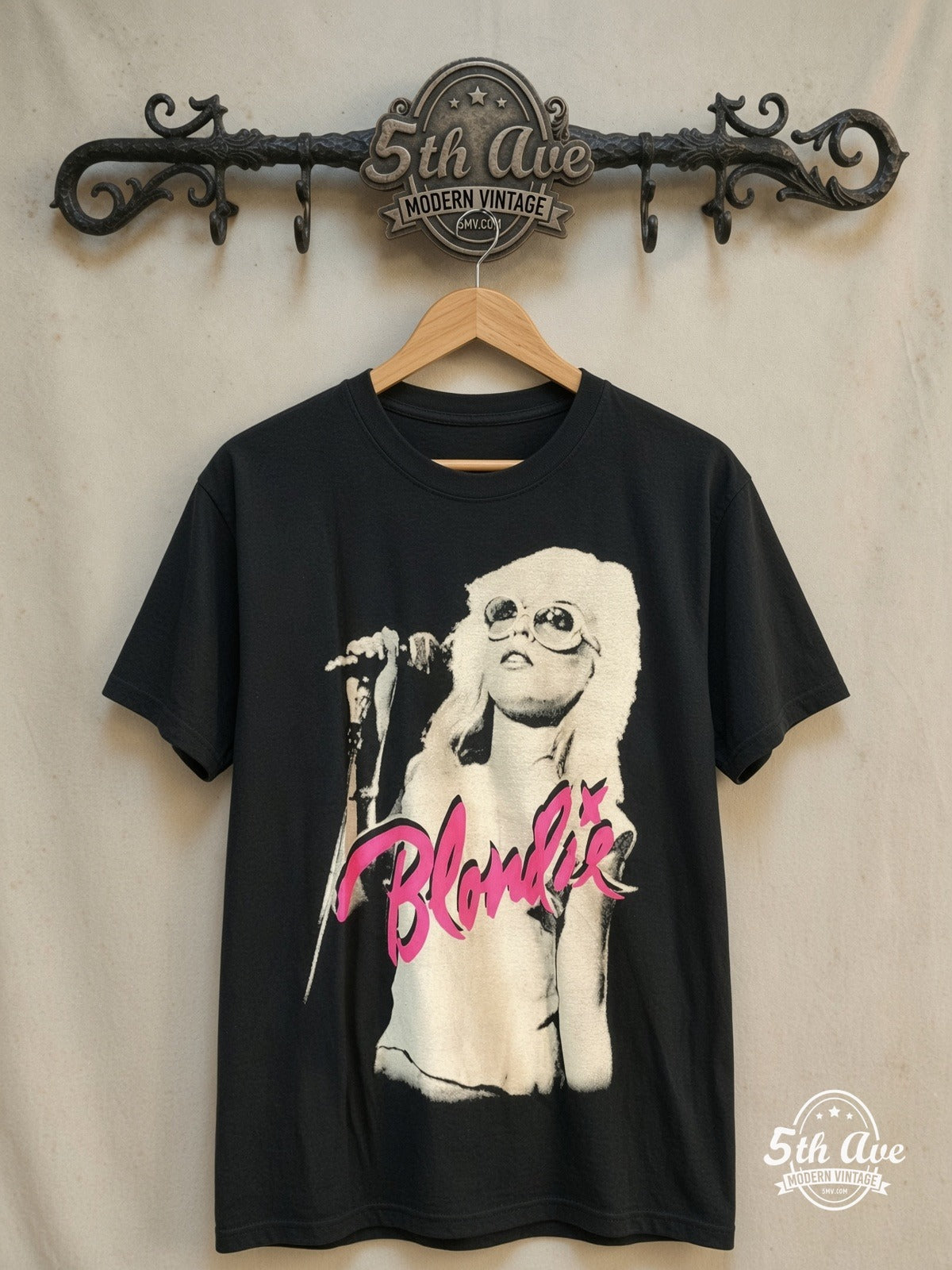 Blondie's Melodic Charisma: Signature Vibe Tee – Vintage Band T-Shirt — front on locked cream ornate 5th Ave rack