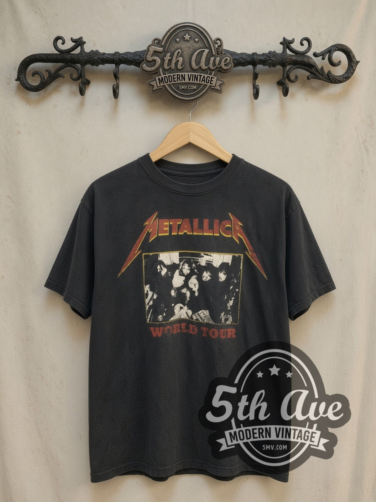 Metallica World Tour Band Photo vintage band t-shirt, front view on a display rack