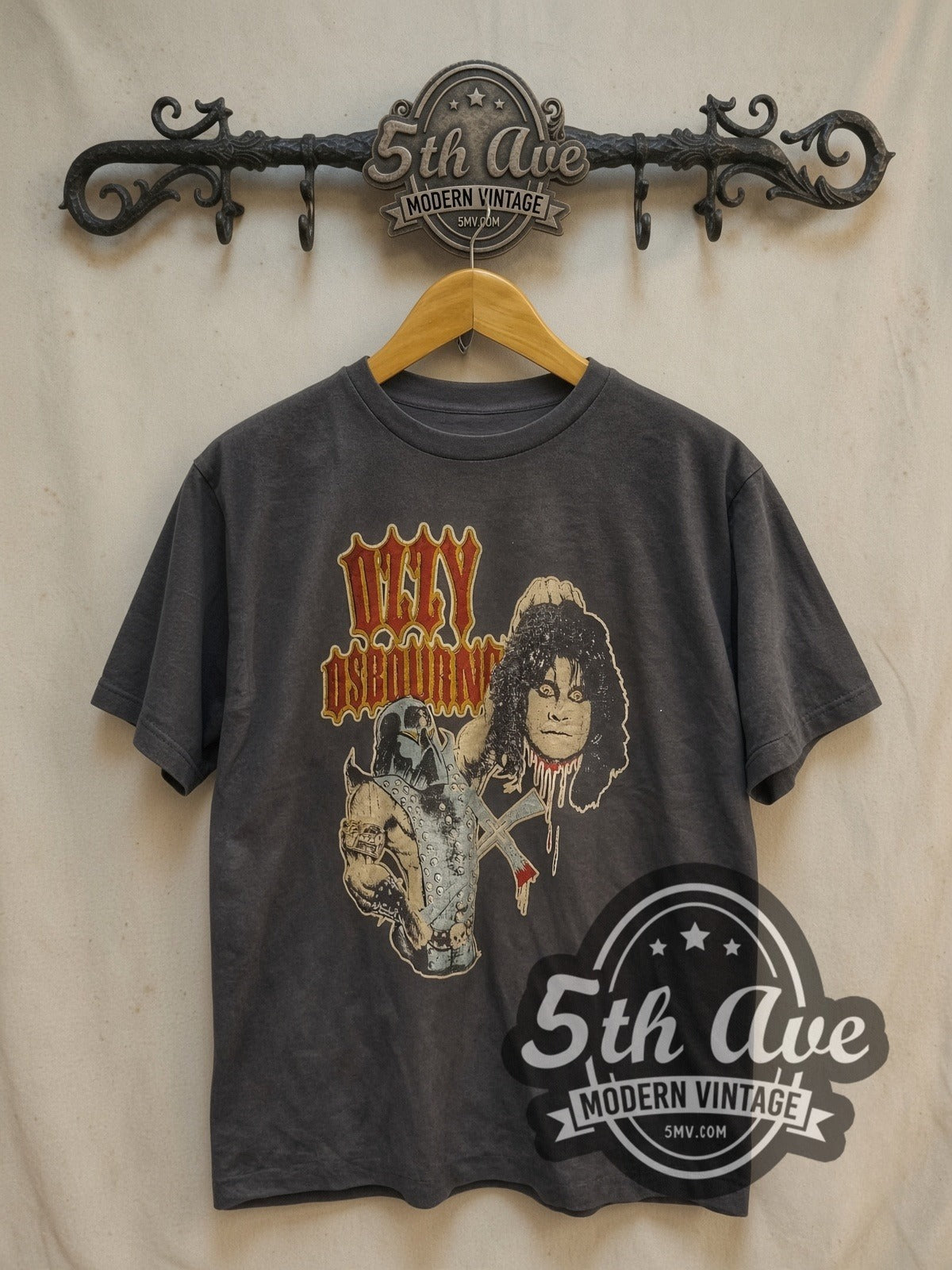 Ozzy Osbourne Medieval Knight vintage band t-shirt, front view on a display rack