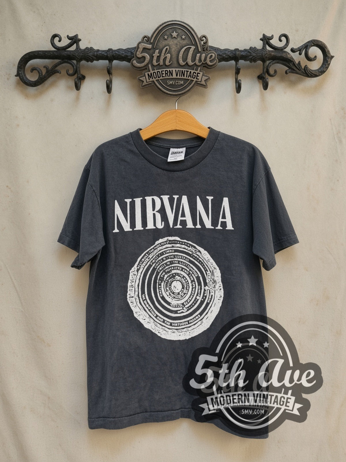 Nirvana Circles of Hell Sub Pop Back Print vintage band t-shirt in black, front view on the 5MV rack