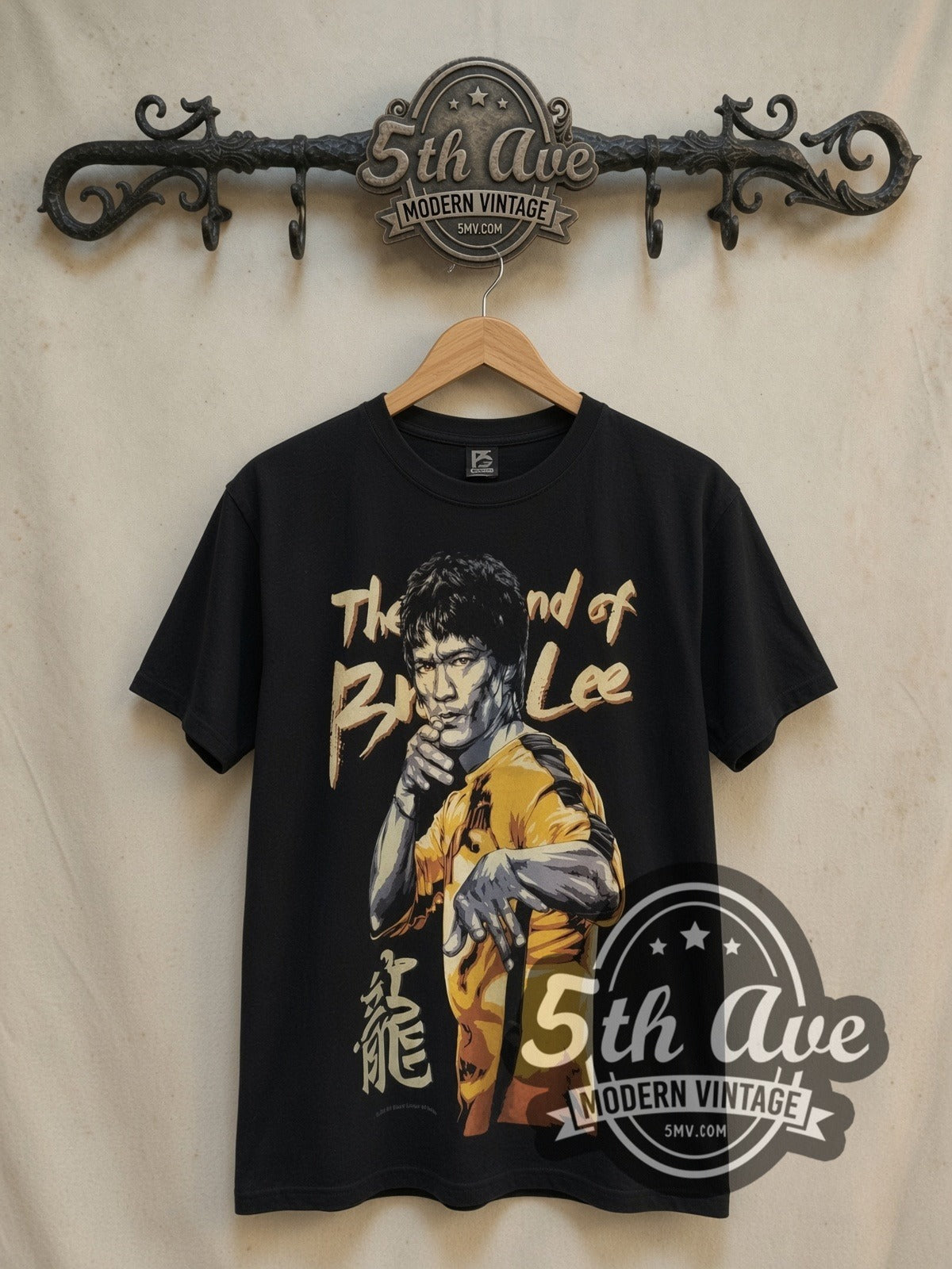Bruce Lee Enter the Legend vintage movie t-shirt, front view on a display rack