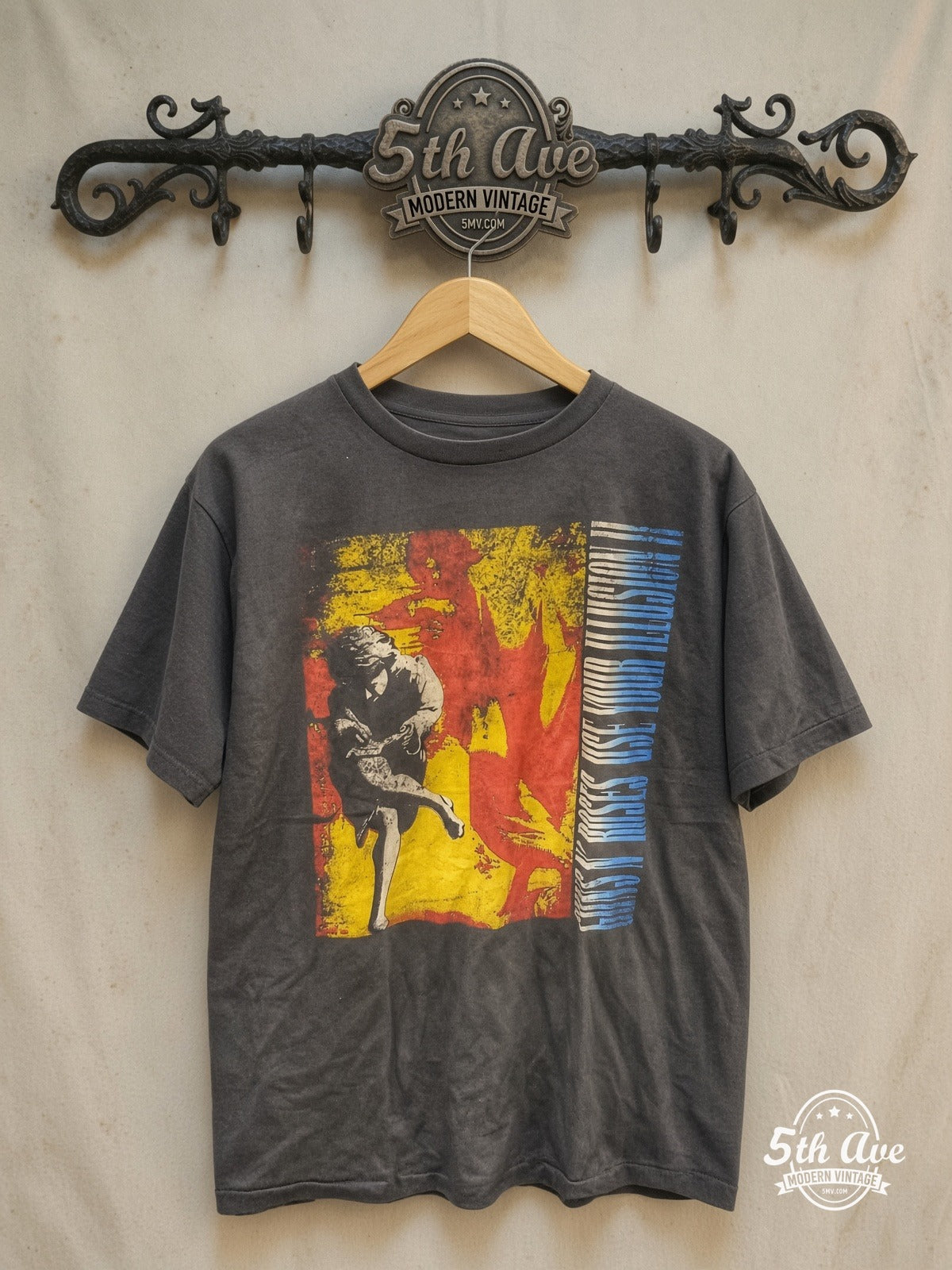 Guns N Roses 100% Cotton Classic Vintage Rock T-Shirt – Vintage Band T-Shirt — front on locked cream ornate 5th Ave rack