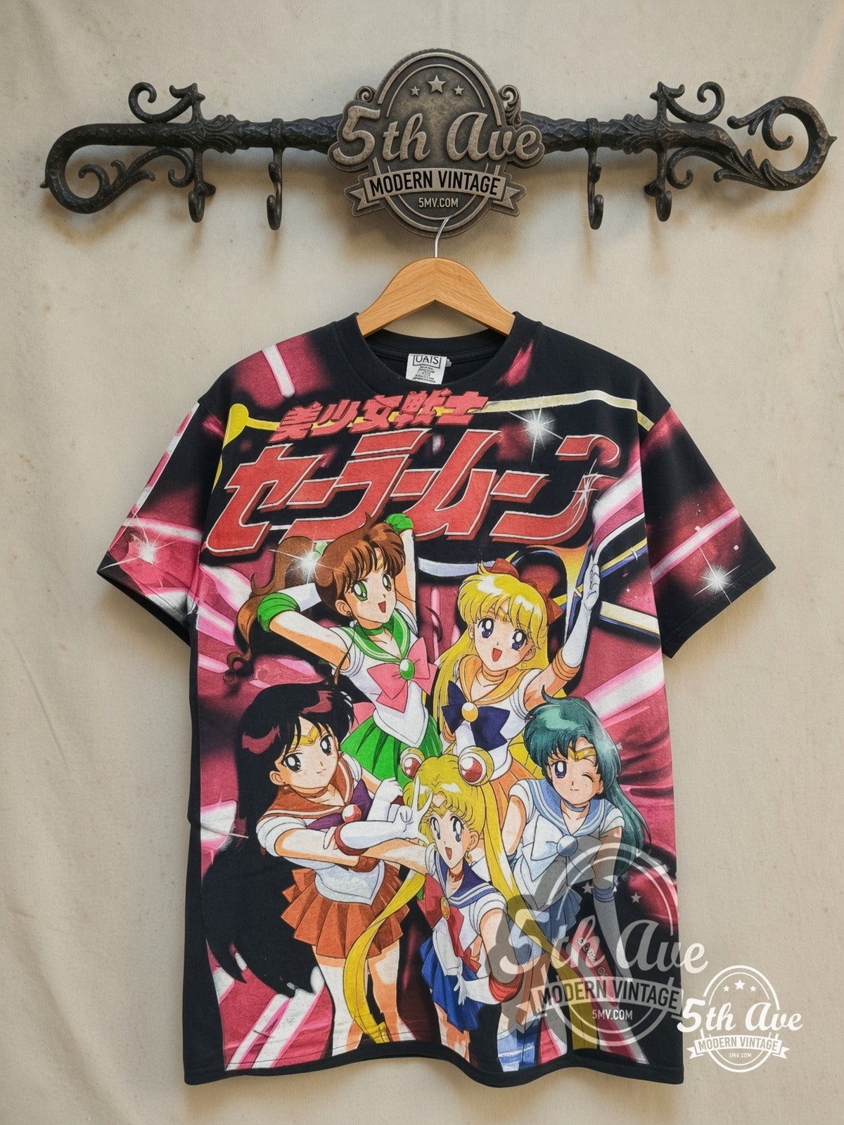 Sailor Moon – Sailor Guardians – All Over Print – New Vintage Anime Tee — front on locked cream ornate 5th Ave rack