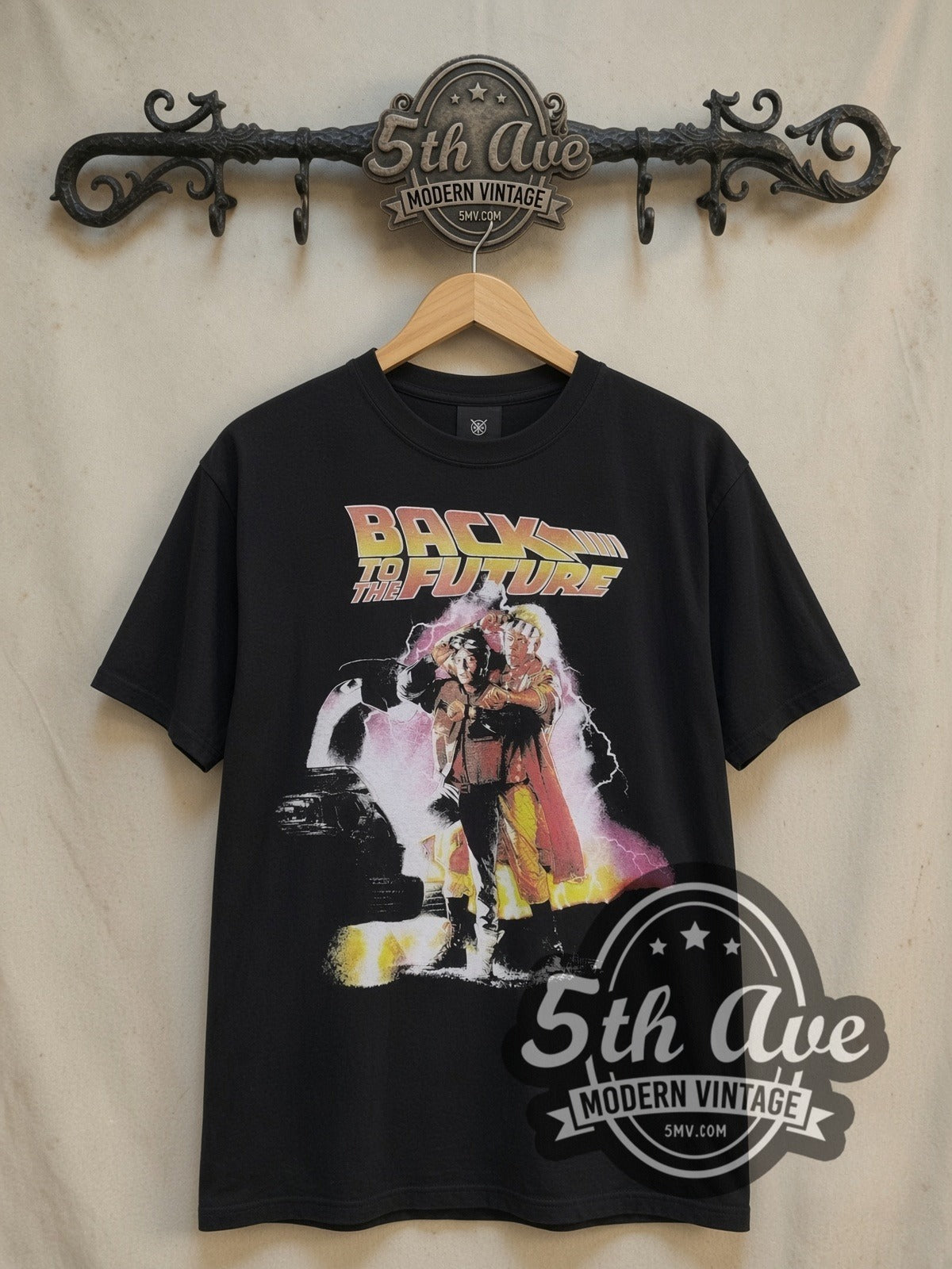 Back to the Future vintage graphic t-shirt, front view on a display rack