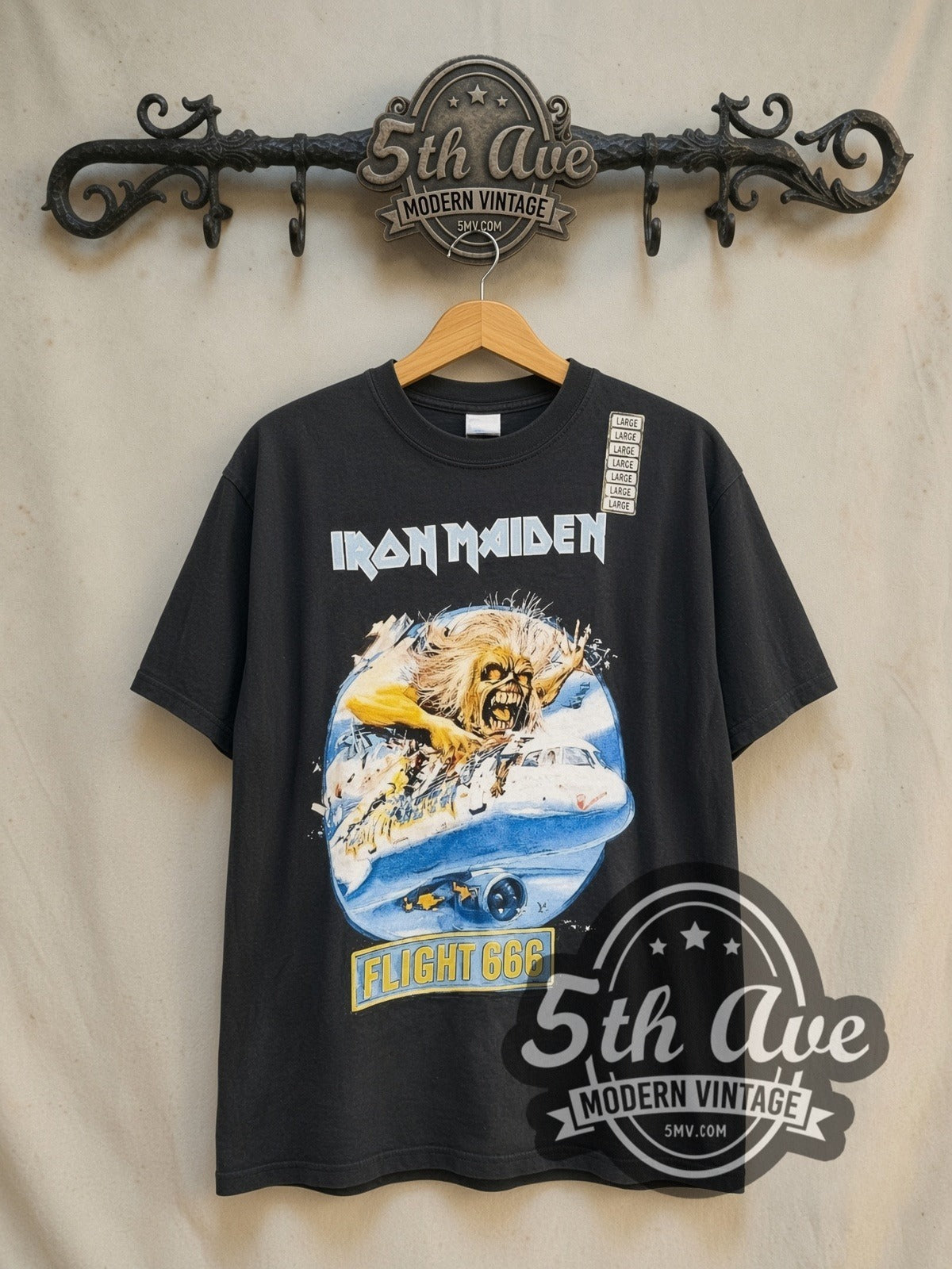 Iron Maiden Flight 666 vintage band t-shirt in black, front view on the 5MV rack
