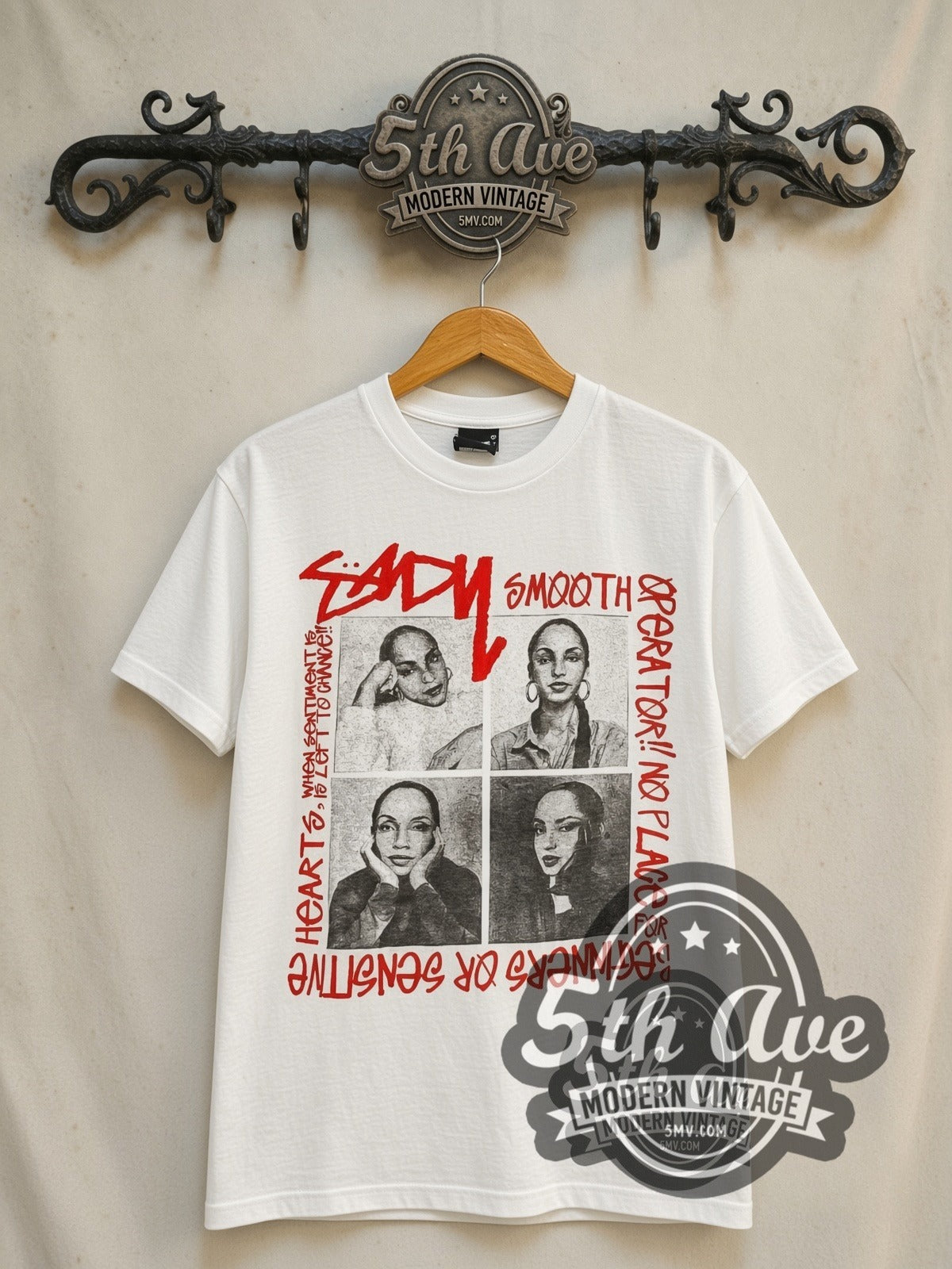 Sade Smooth Operator Four Portrait Grid graphic tee in white, front view on a display rack