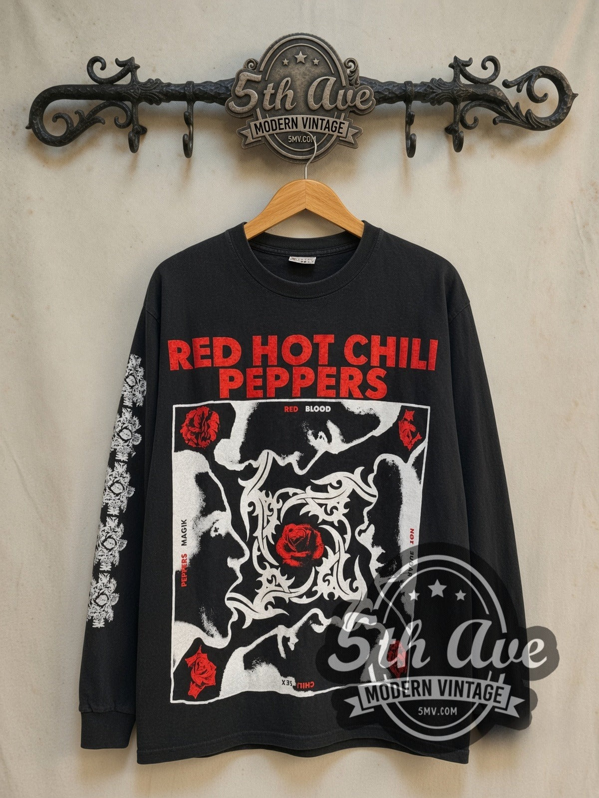 Red Hot Chili Peppers Blood Sugar Sex Magik Tribal Rose vintage band long sleeve t-shirt, front view on the 5MV rack