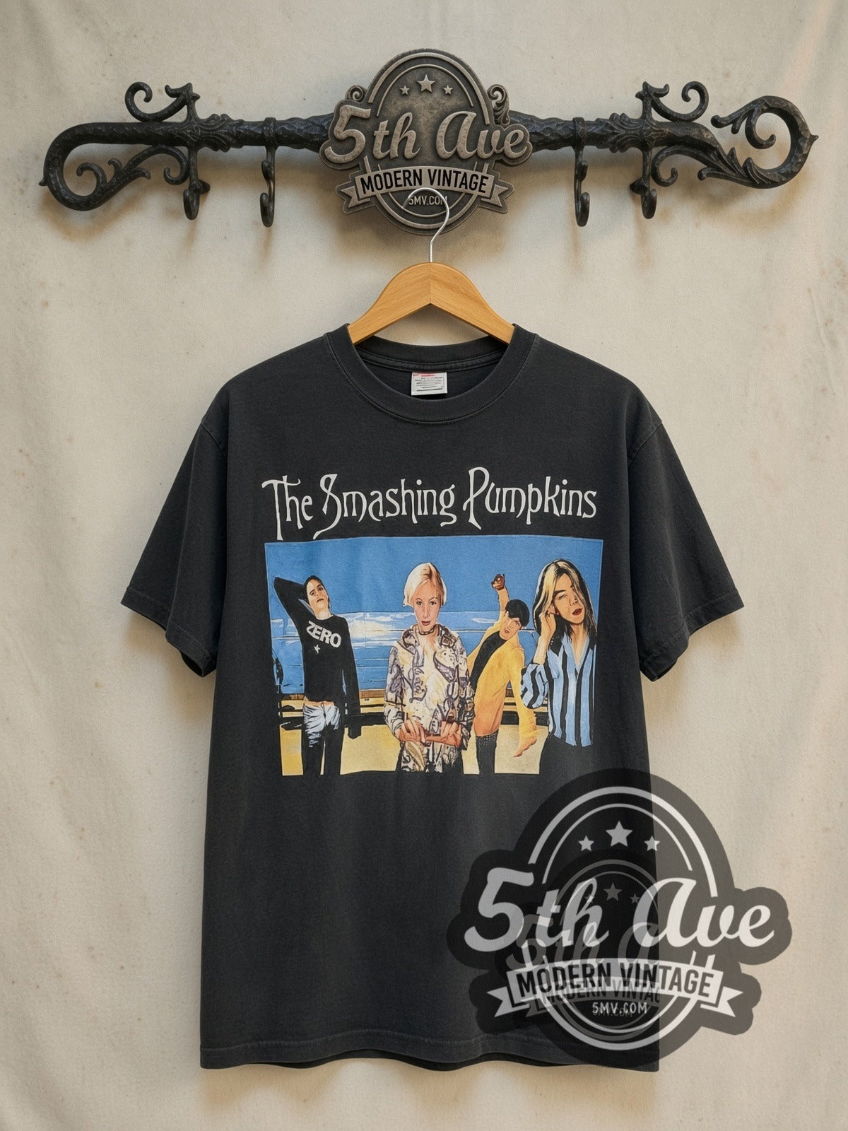 The Smashing Pumpkins Tonight Tonight vintage band t-shirt in black, front view on a display rack