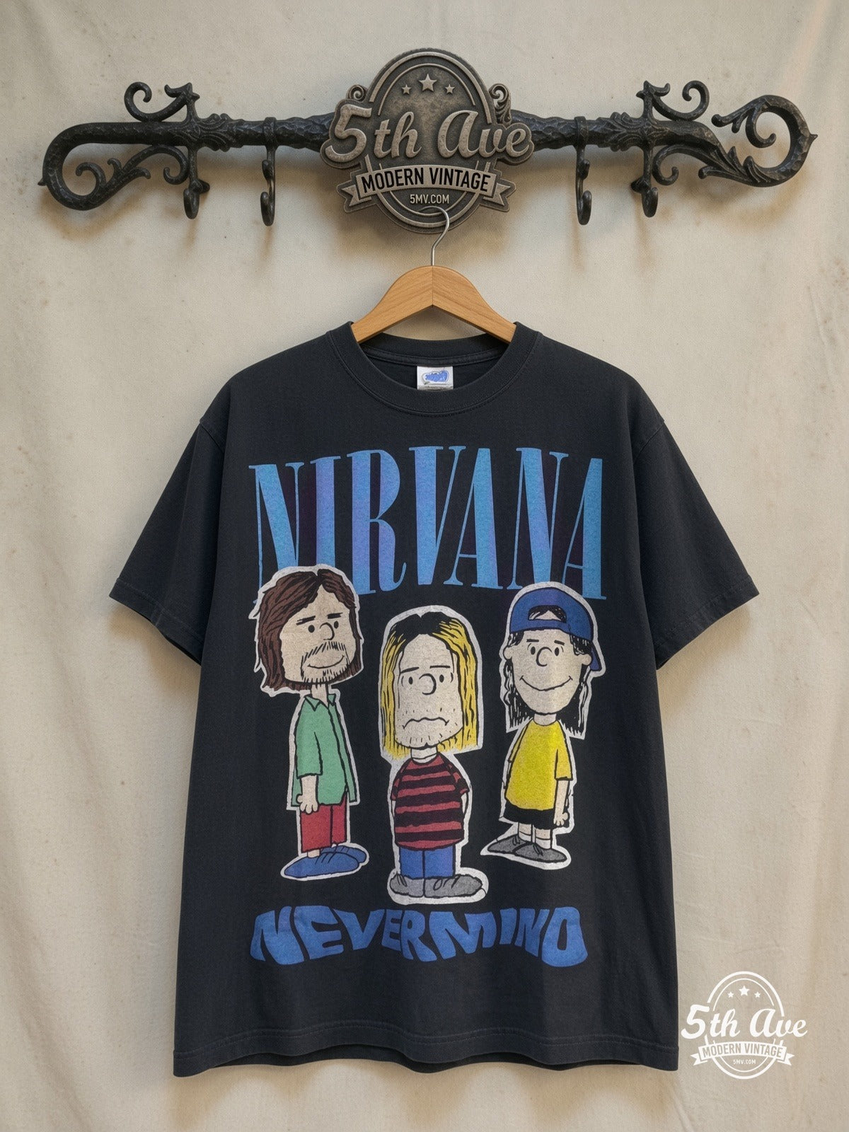 Nirvana x Peanuts – Nevermind Snoopy – New Vintage Graphic Tee — front on locked cream ornate 5th Ave rack