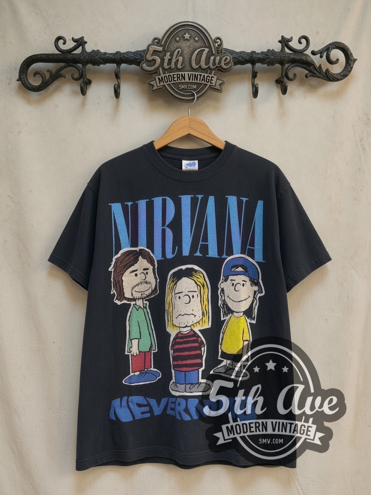 Nirvana x Peanuts Nevermind Snoopy vintage cartoon tee in black, front view on a display rack