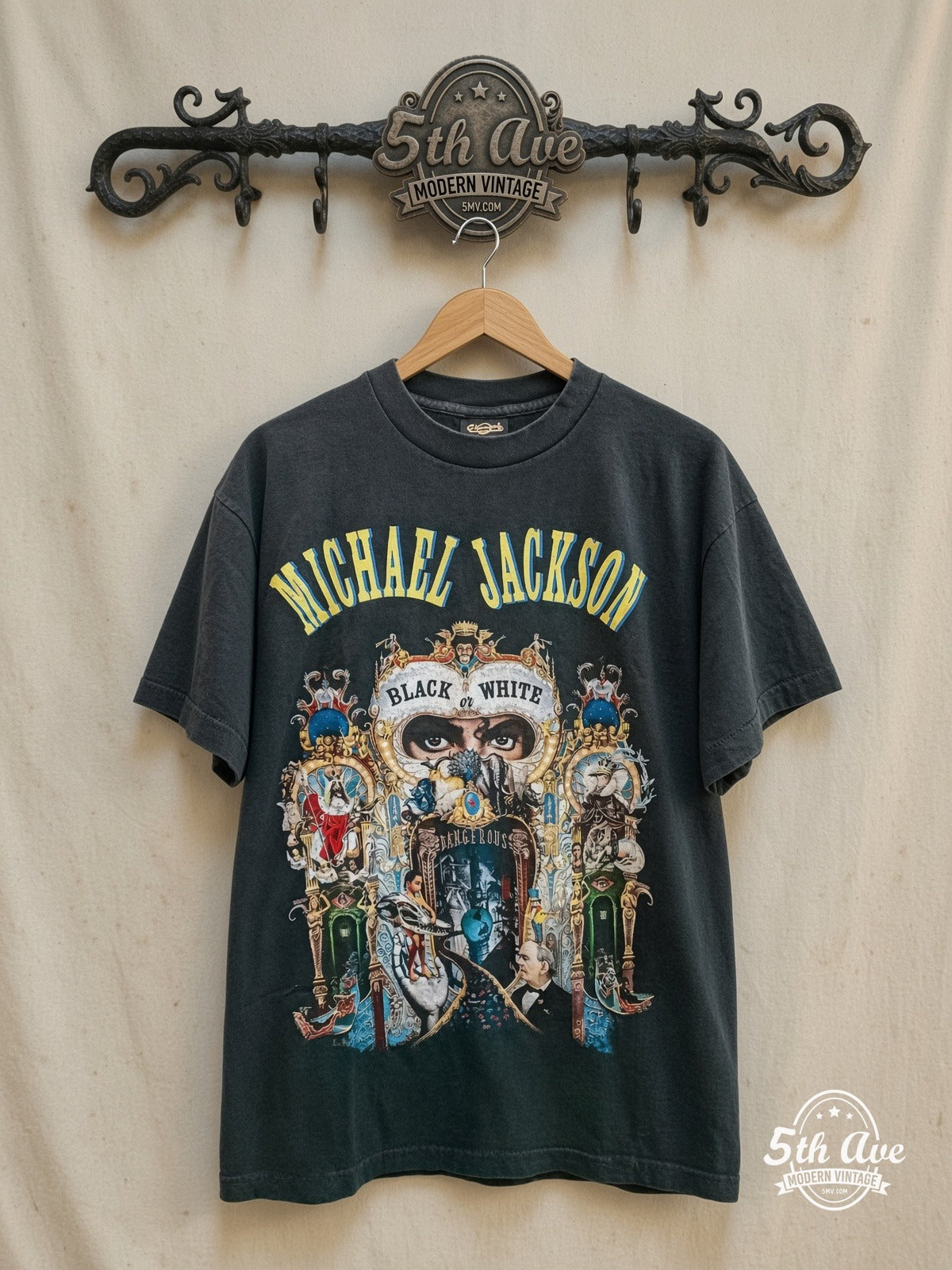 Michael Jackson – Black or White Dangerous World Tour 1993 – Vintage Band T-Shirt — front on locked cream ornate 5th Ave rack