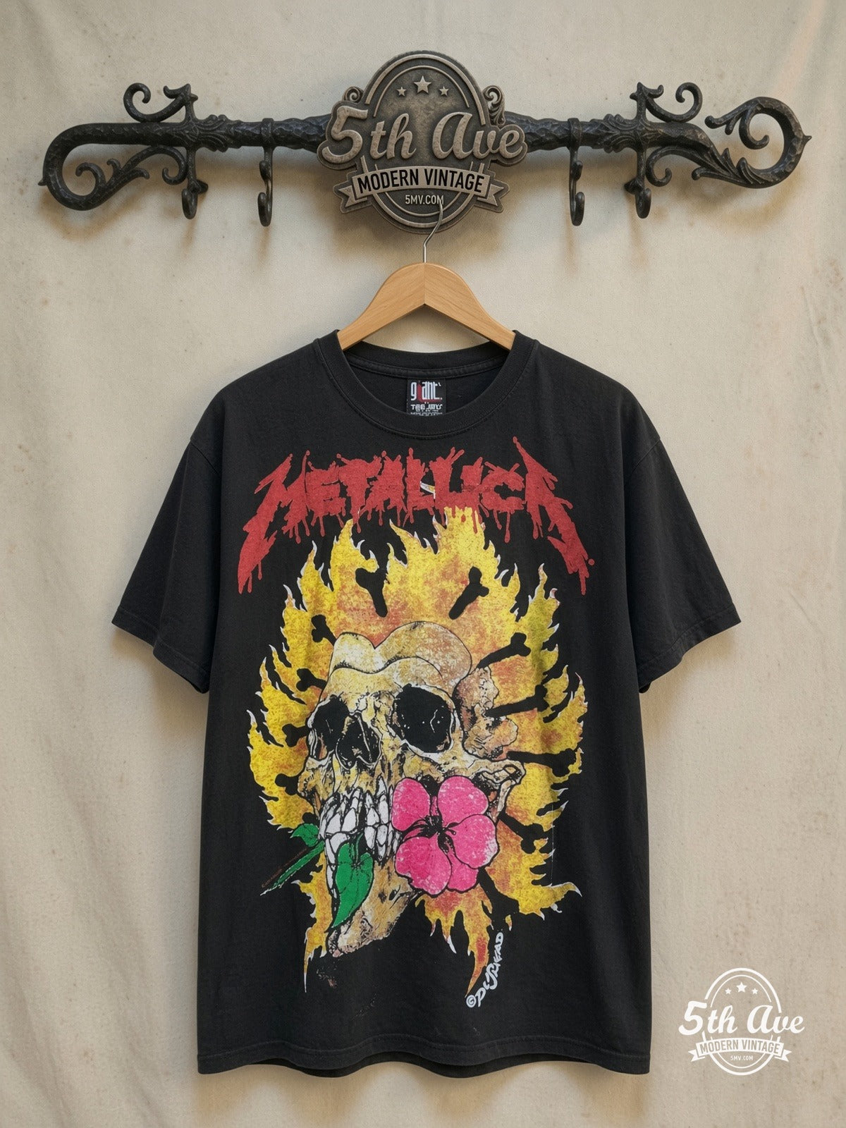 Metallica – Burning Flower – All Over Print – Vintage Band T-Shirt — front on locked cream ornate 5th Ave rack