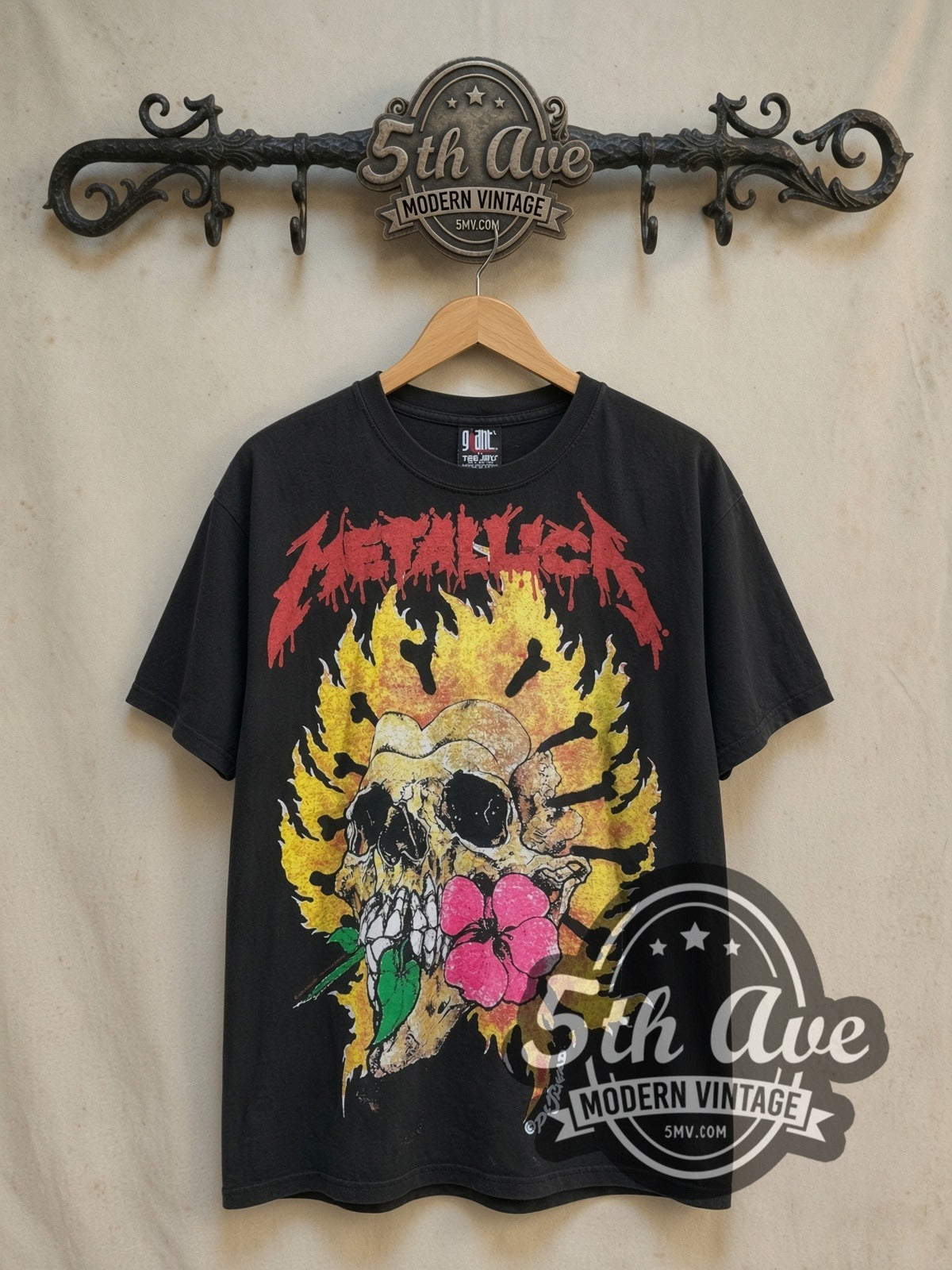 Metallica Burning Flower all-over-print vintage band t-shirt, front view on the 5MV rack