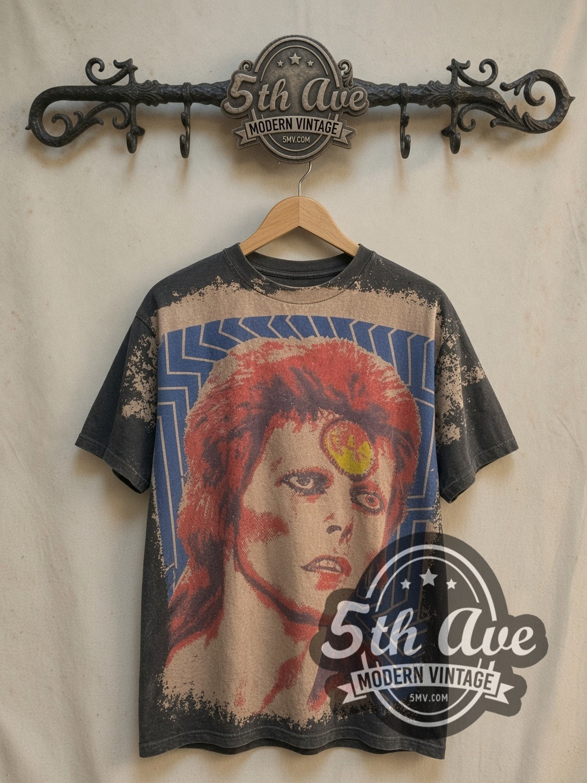 David Bowie Mosquitohead vintage band t-shirt, front view on a display rack
