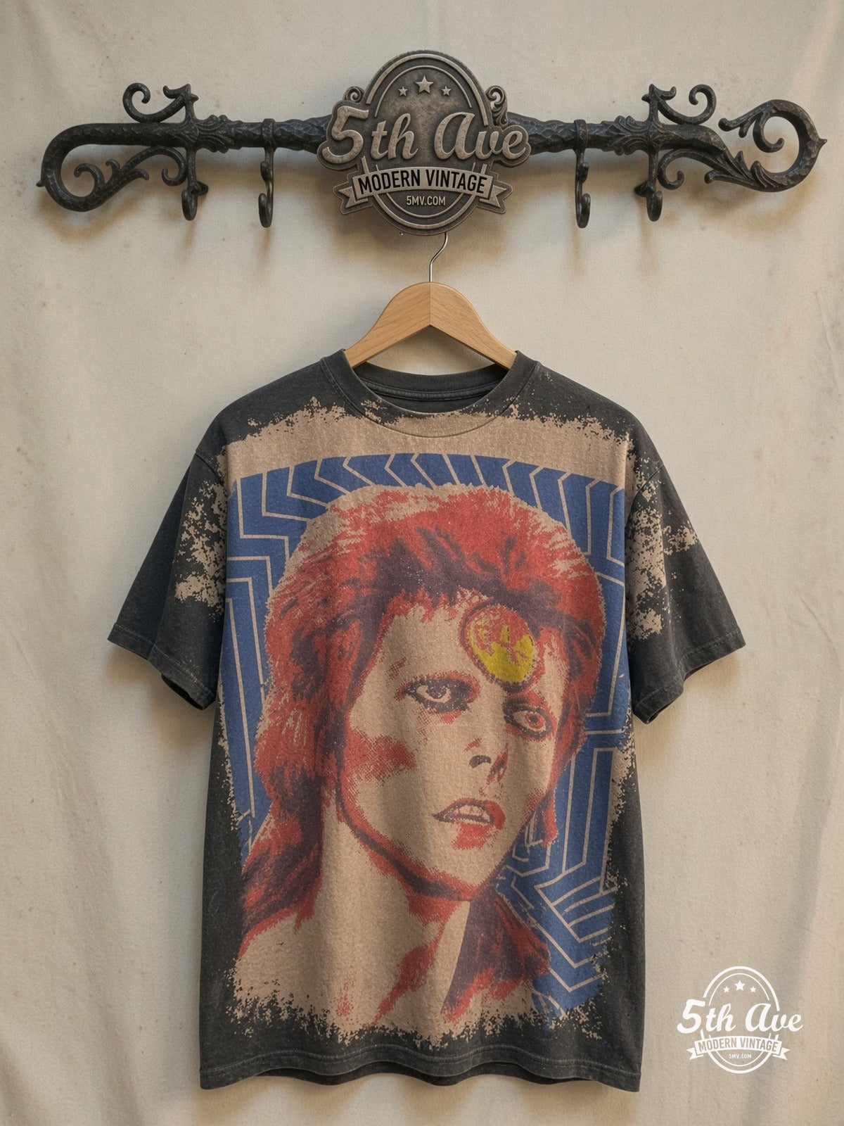 David Bowie Mosquitohead T-Shirt — front on locked cream ornate 5th Ave rack