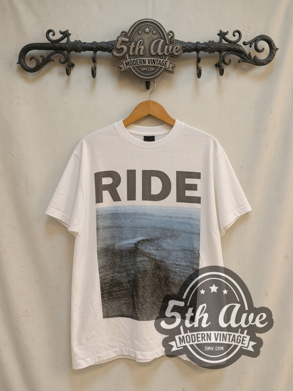 Ride Nowhere Wave Cover vintage band t-shirt in white, front view on a display rack