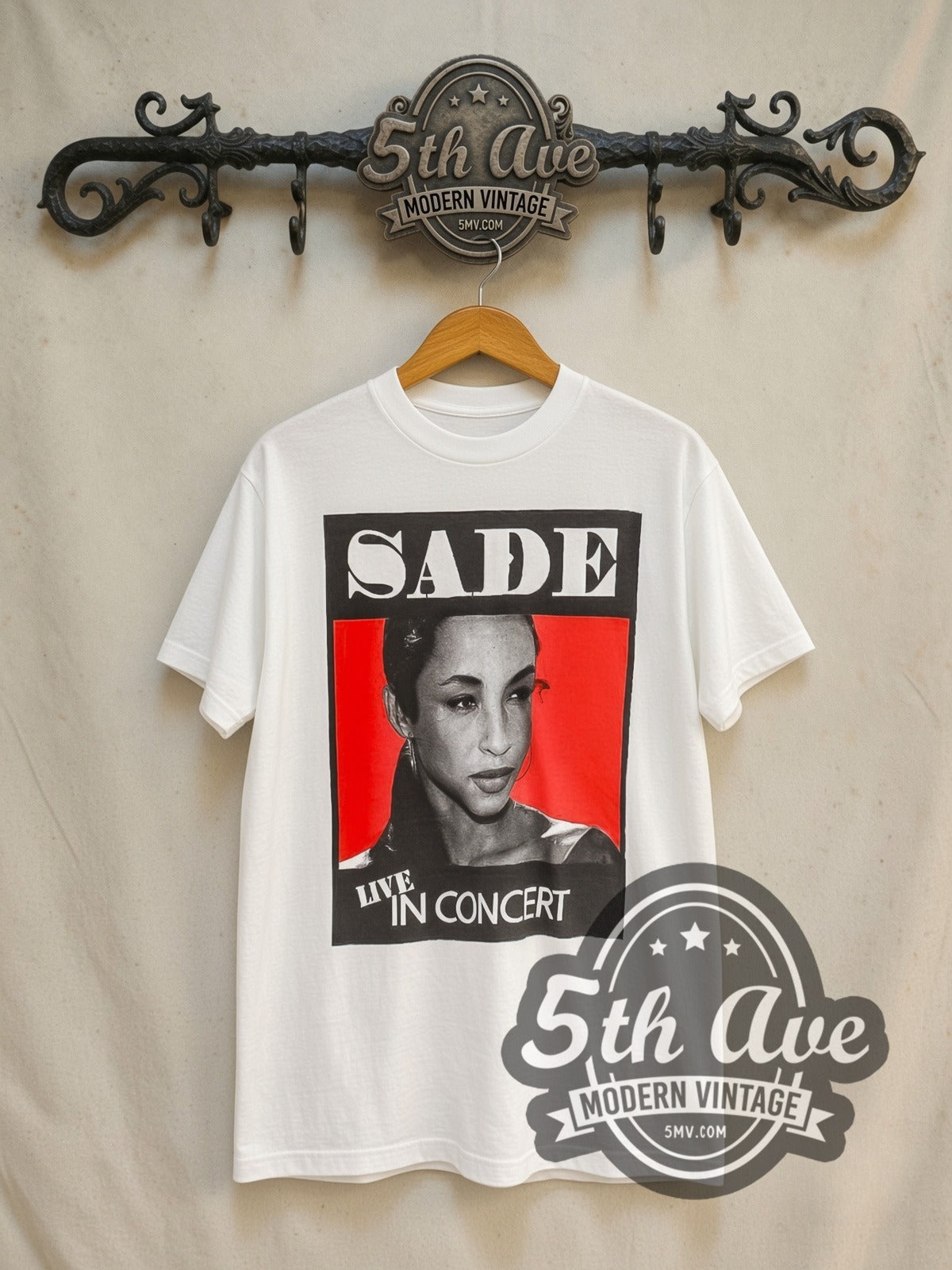 Sade Love Deluxe Tour 1993 I Was There vintage band t-shirt in white, front view on a display rack