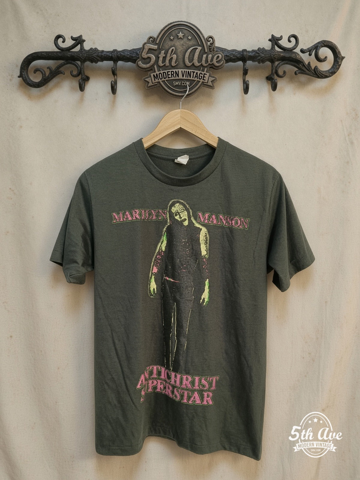 Marilyn Manson – Antichrist Superstar Neon Portrait – Vintage Band T-Shirt — front on locked cream ornate 5th Ave rack